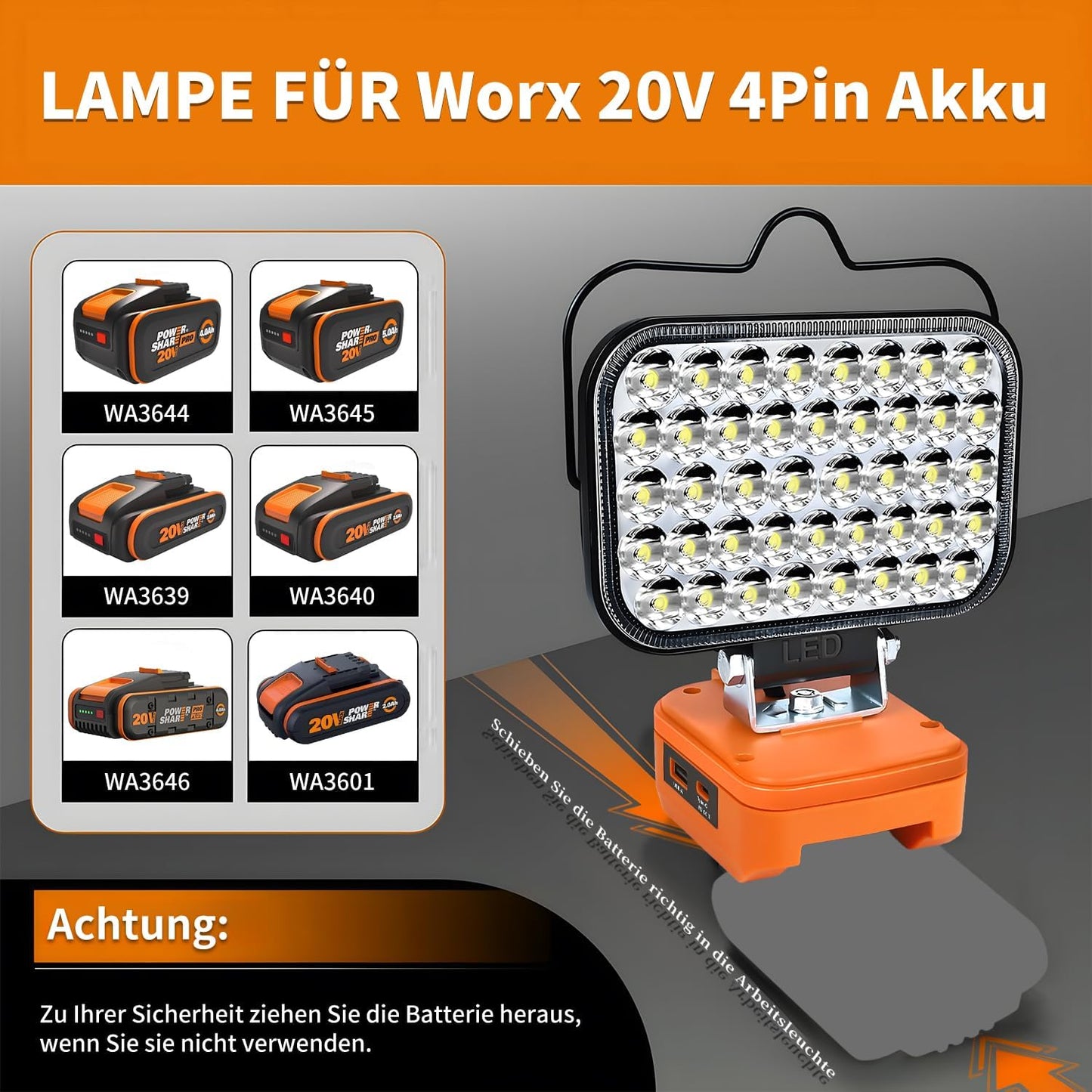 Tragbarer LED-Baustrahler, Orange