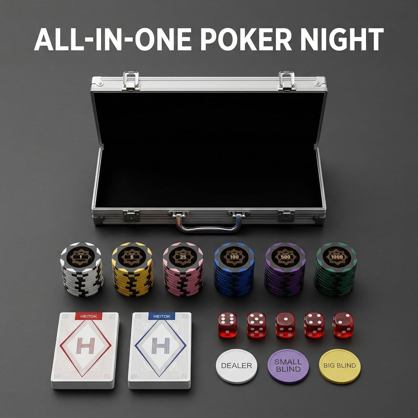 Pokerkoffer-Set mit 500 nummerierte Chips, 500 Chips mit Zahlen Alukoffer