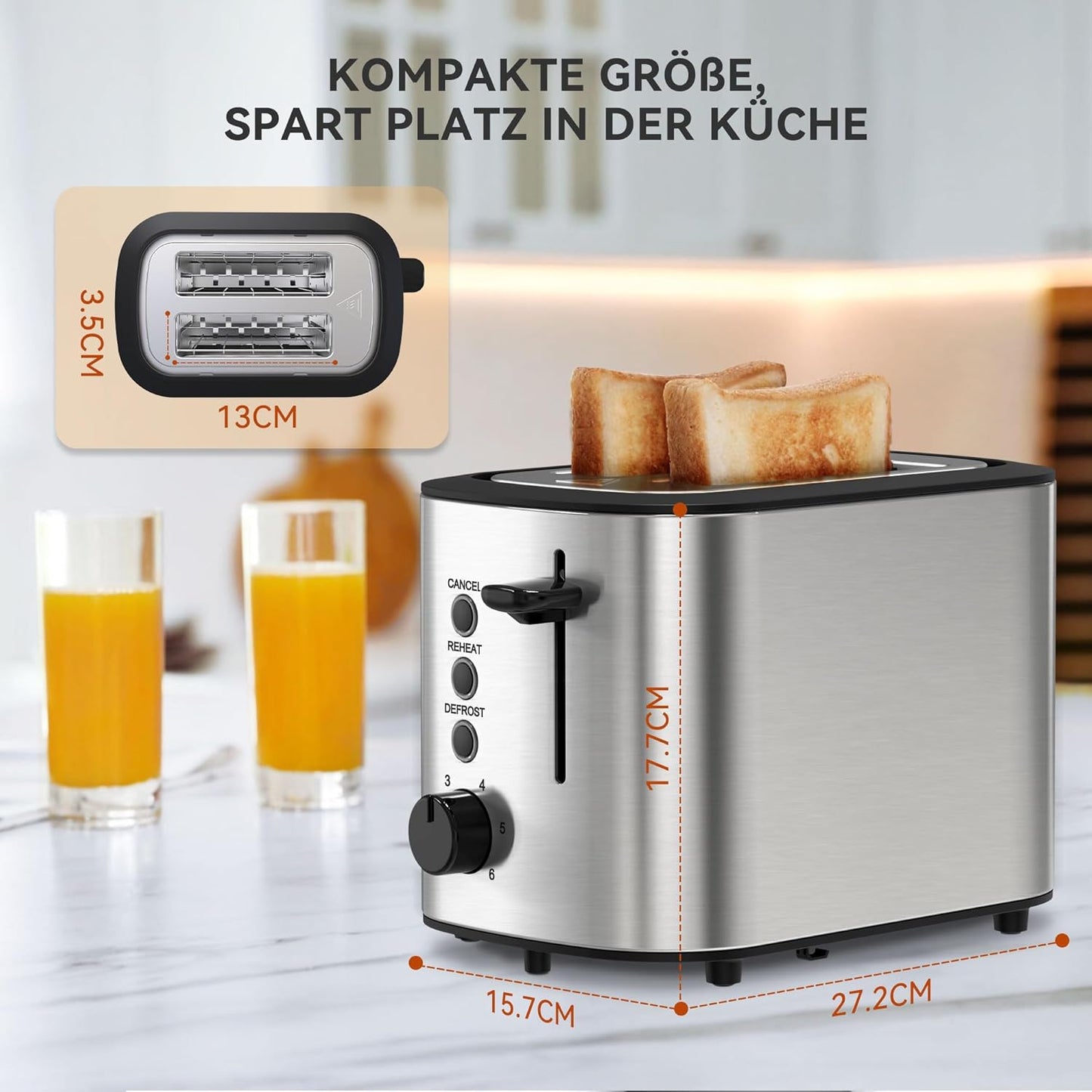 Toaster mit Brötchenaufsatz und herausnehmbarer Krümelschublade