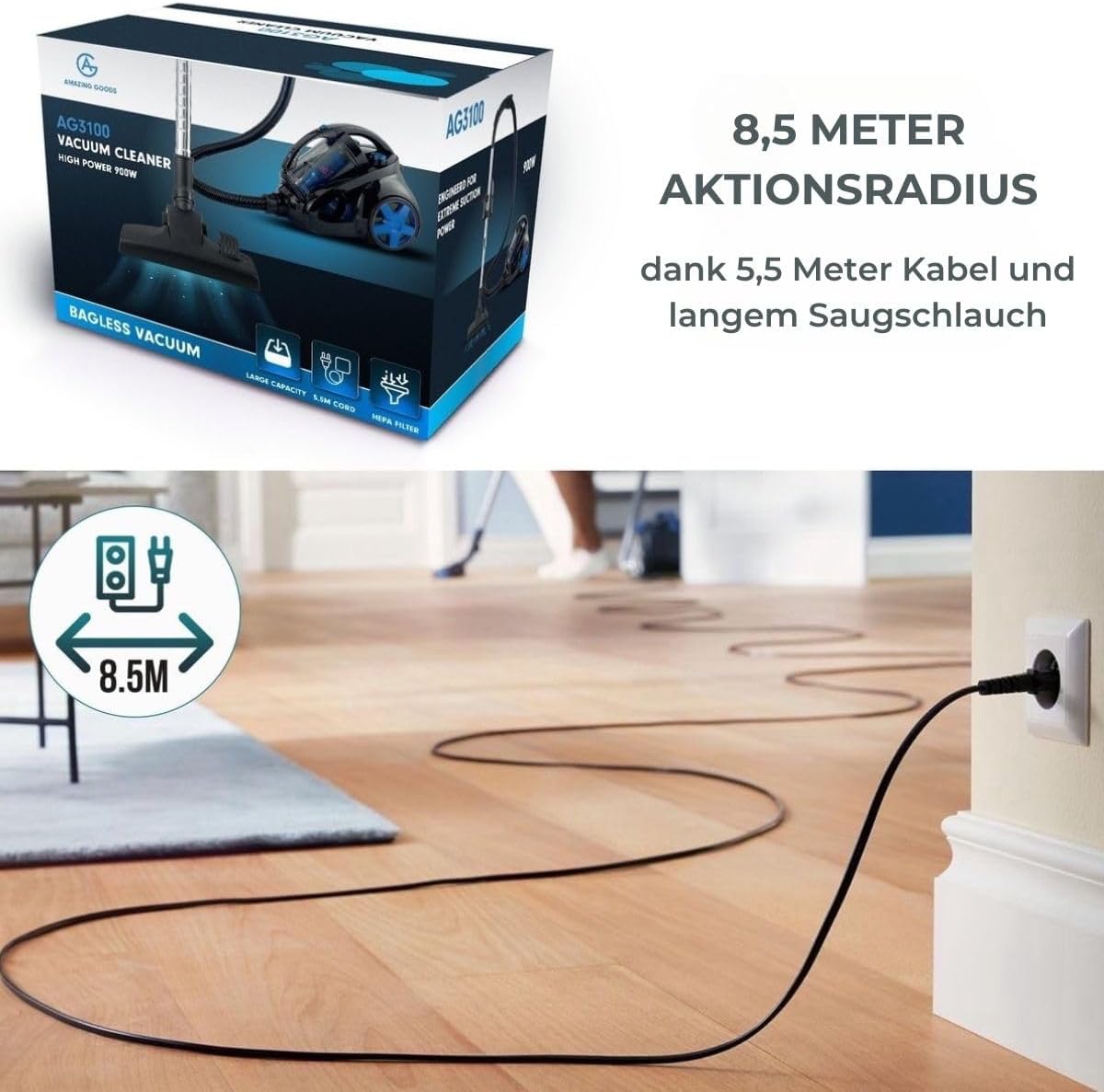 Beutelloser Staubsauger AG3100 mit starker Saugkraft, Blau