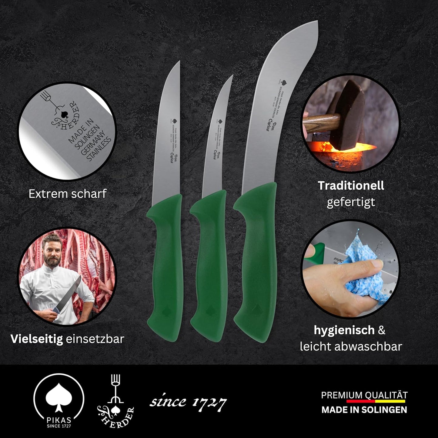 Schlachtmesser/Metzgermesser-Set, Rind & Rotwild - Grün, Schnittfeste Canva-Tasche