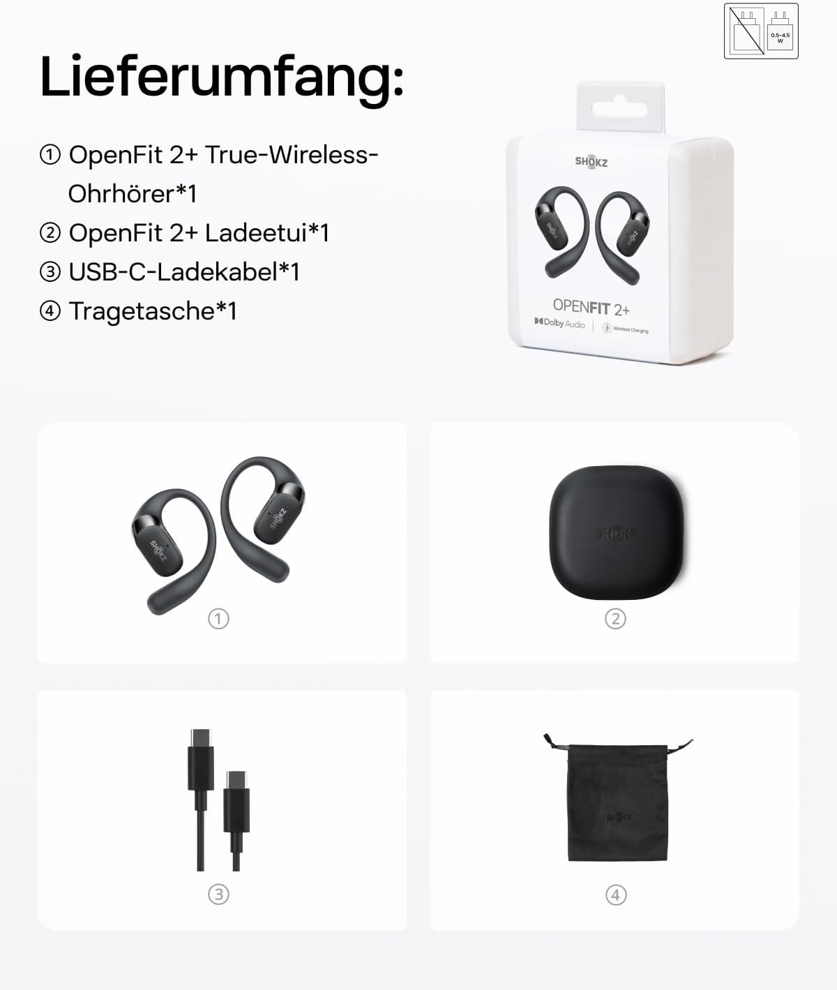 OpenFit 2+, Typ-C-Laden &kabelloses Laden+ Dolby Audio Schwarz