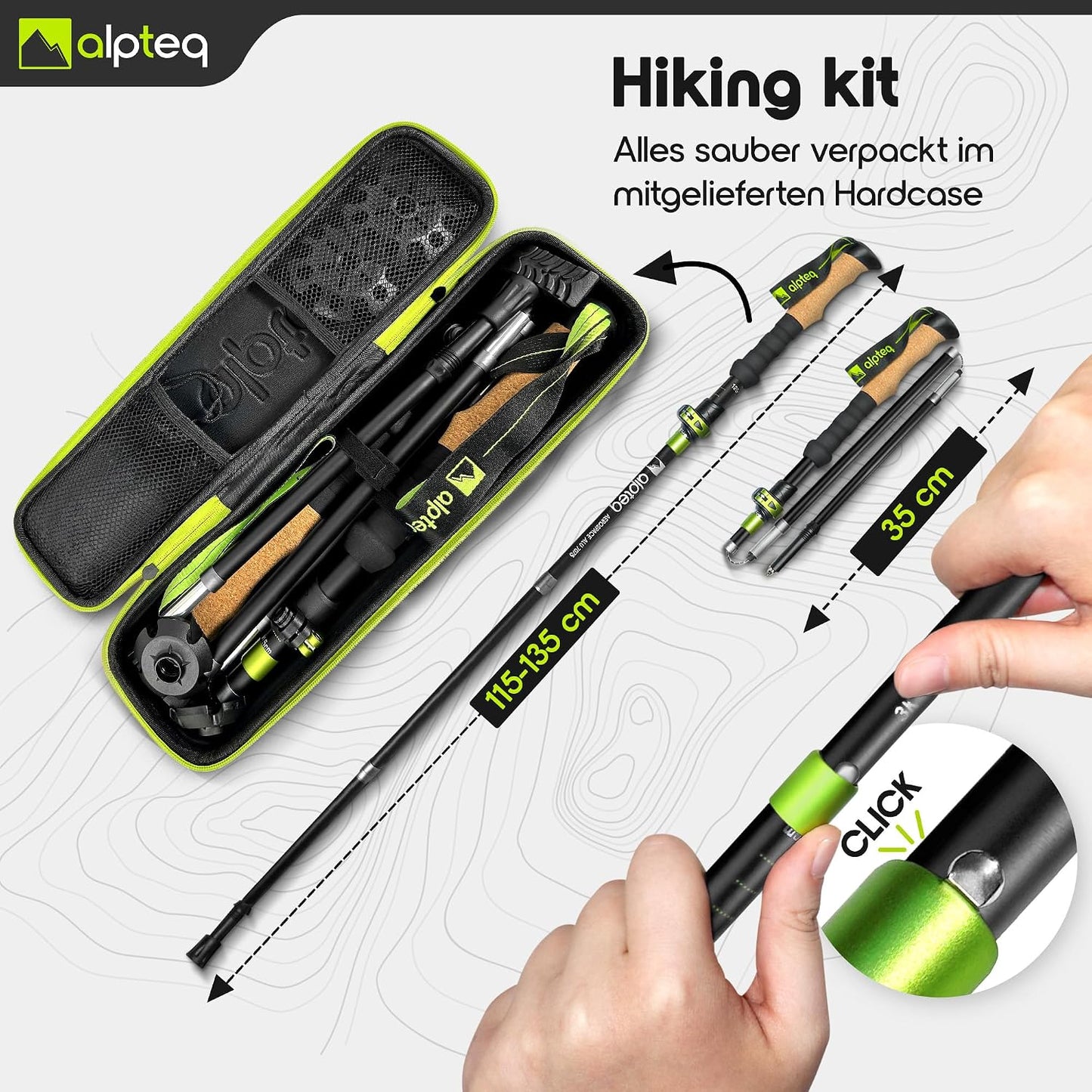 Faltbare Trekkingstöcke mit Korkgriff, Aluminium 115-135 cm | Lime Green