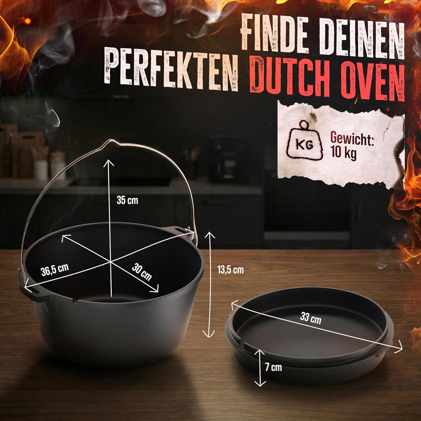 Dutch Oven mit Zubehör, Topf Ohne Füsse 9 Liter