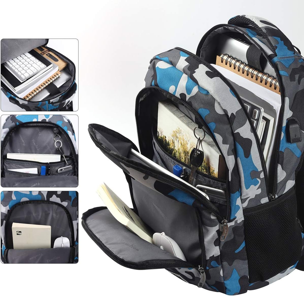 Schulrucksack mit USB-Ladeanschluss und Laptopfach, 15.6" B6-tarnung Blau