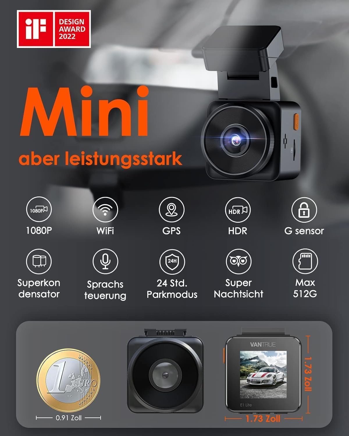 Mini Dashcam E1 lite mit Sprachsteuerung und GPS, Schwarz