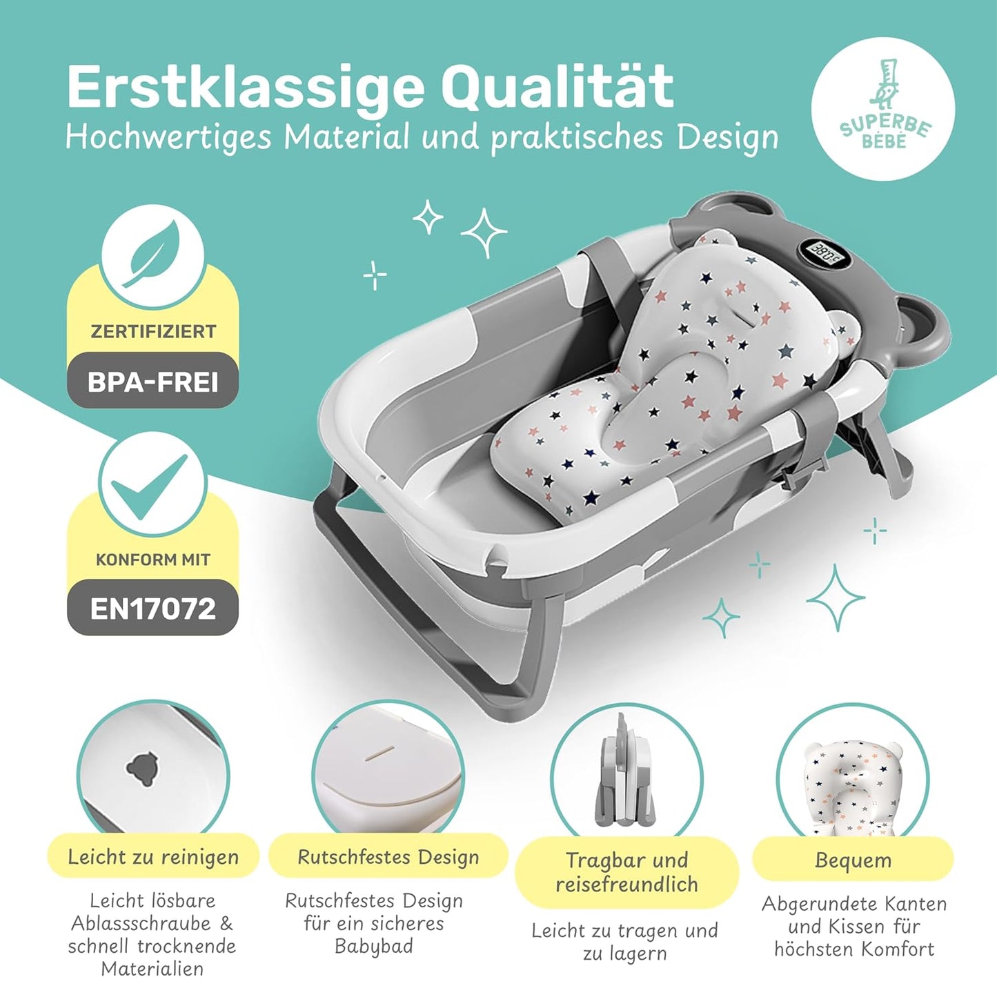 Faltbare Babywanne mit Badethermometer, 2 x faltbar Bear GRAU