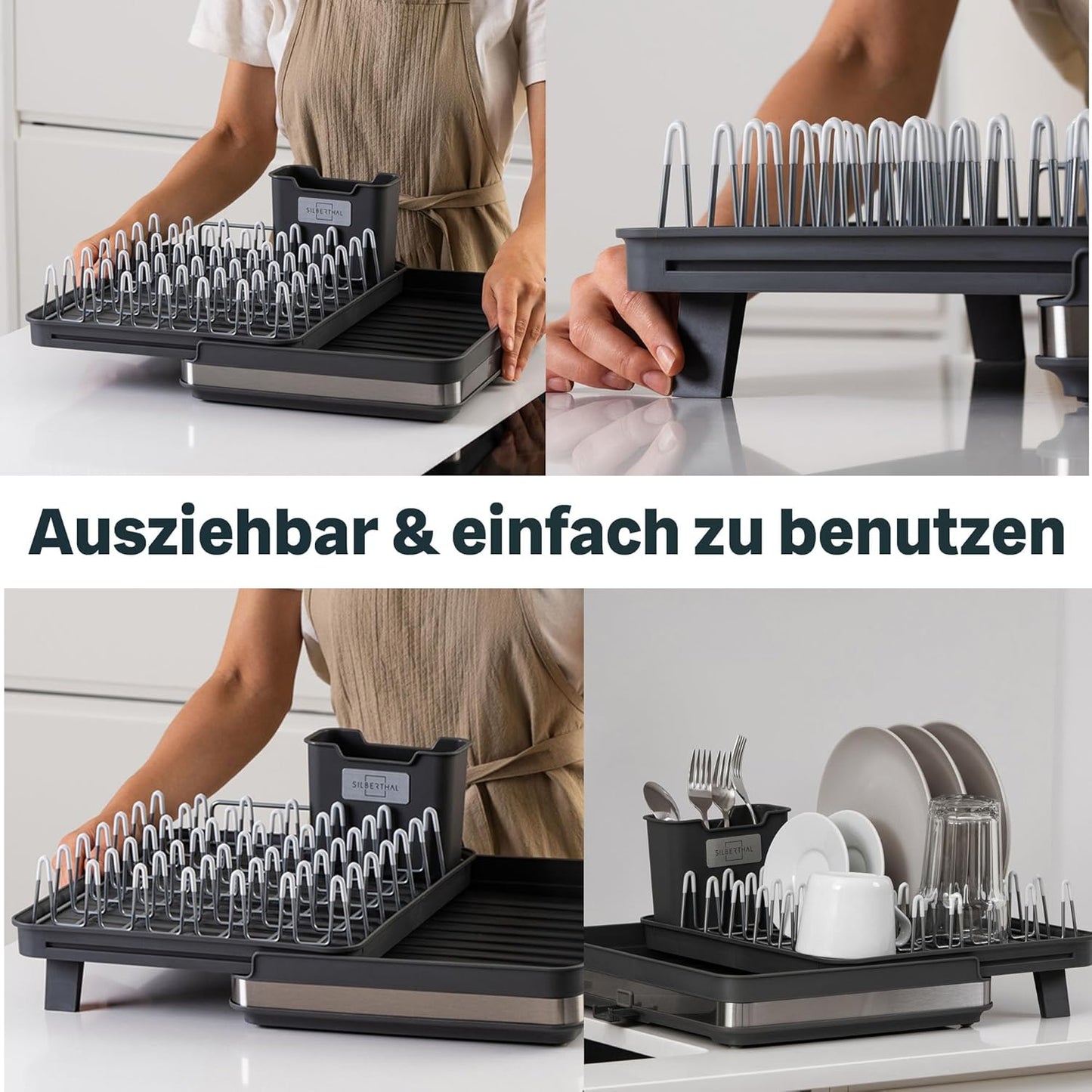 Abtropfgestell mit Abtropfschale und Besteckkasten, Ausziehbares Abtropfgestell Gross
