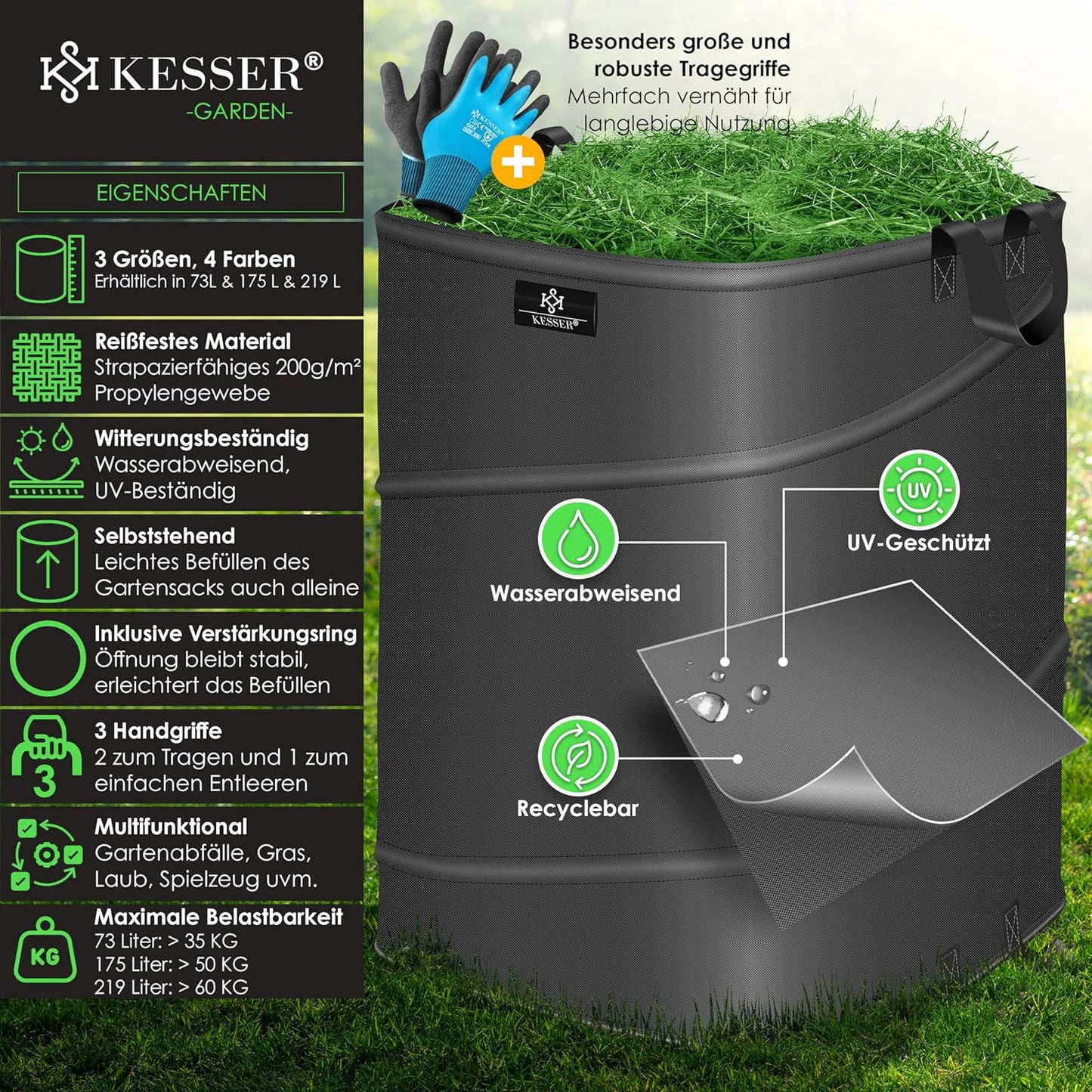 Pop-Up Gartensack für Gartenabfälle, 1x 219 Liter Anthrazit / Schwarz