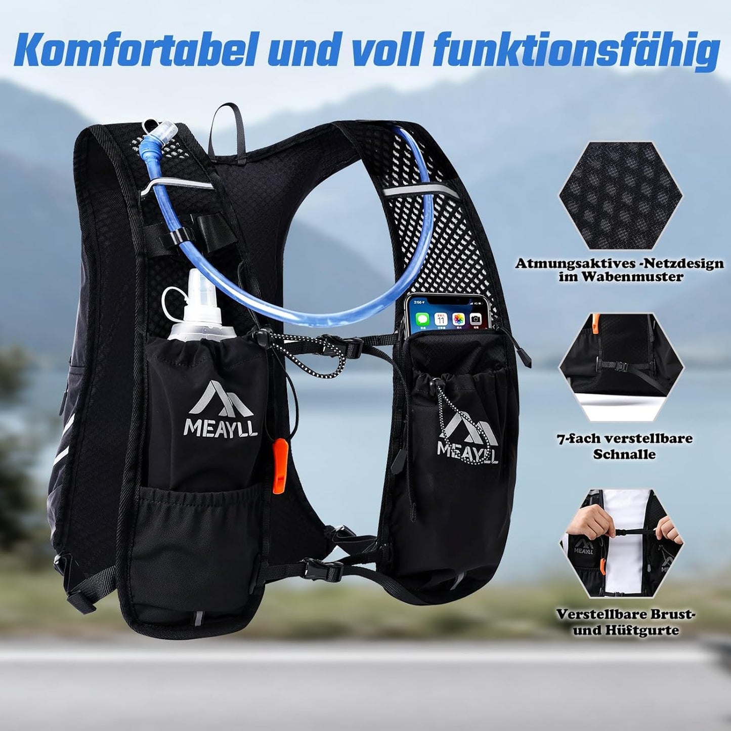 Laufweste mit Trinkflasche für Sport & Outdoor, Schwarz Laufweste mit 500 ml Trinkflasche