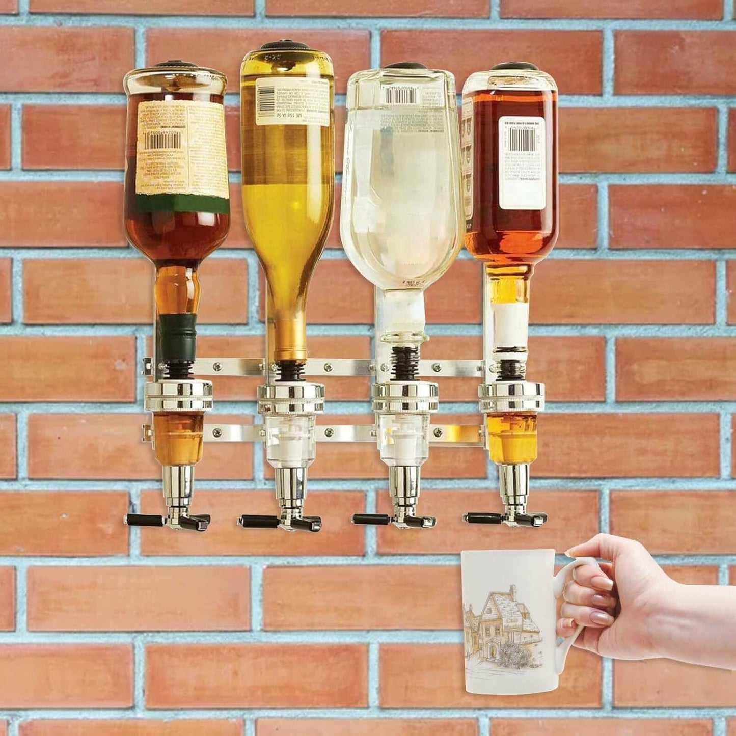 Wand-Flaschenhalter mit Spirituosendosierer für 4 Flaschen