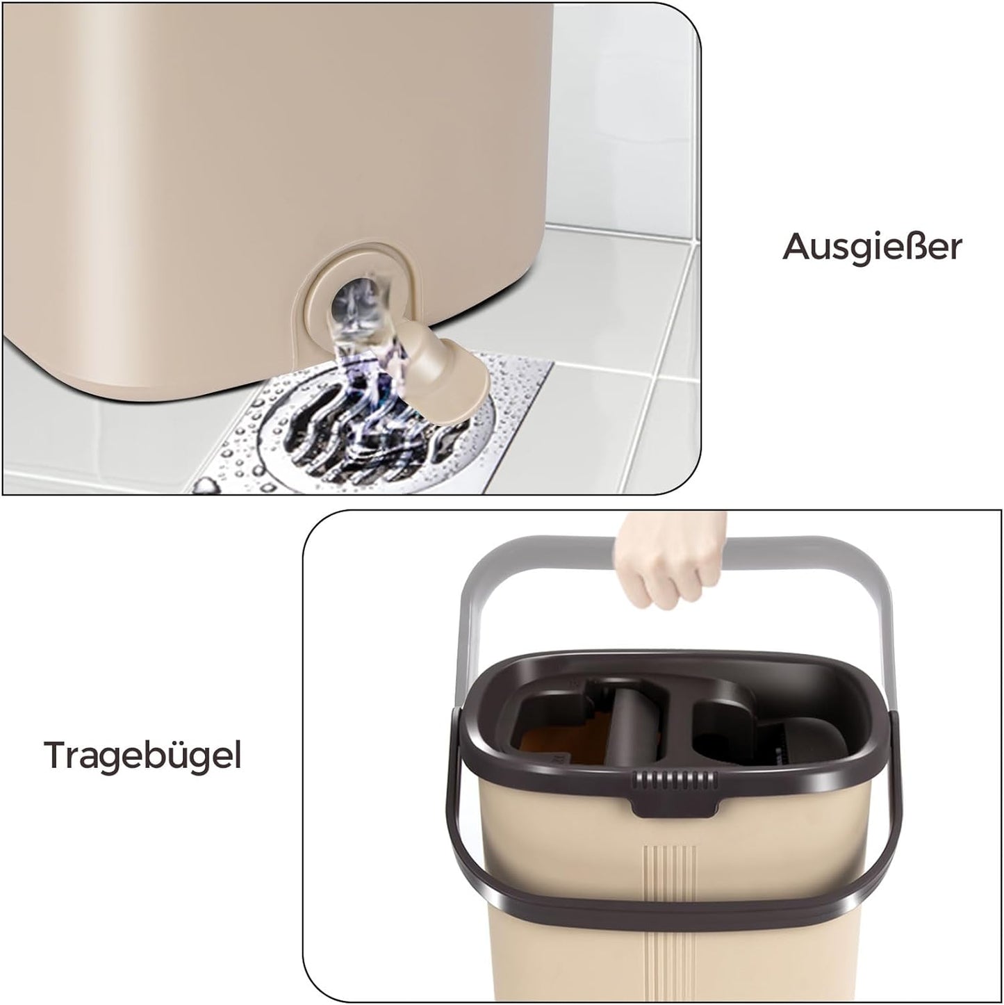Wischmopp-Set mit Auswringfunktion & Eimer, Beige-4l