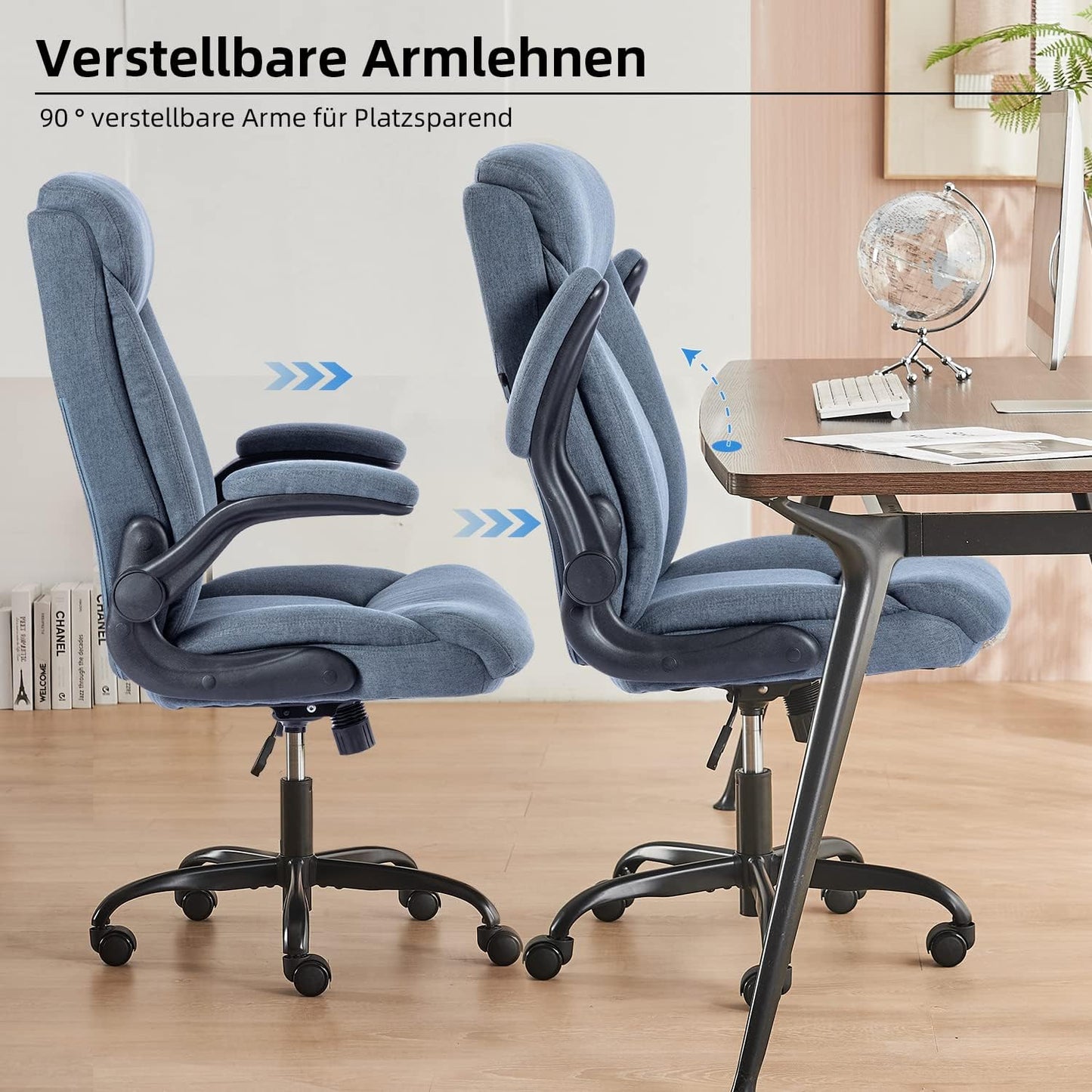 Ergonomischer Bürostuhl mit klappbarer Armlehne, Blau Stoff
