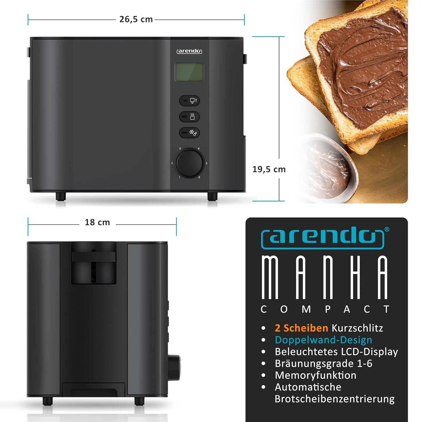 Toaster Manha Compact mit Restzeitanzeige und Brötchenaufsatz, A: Schwarz
