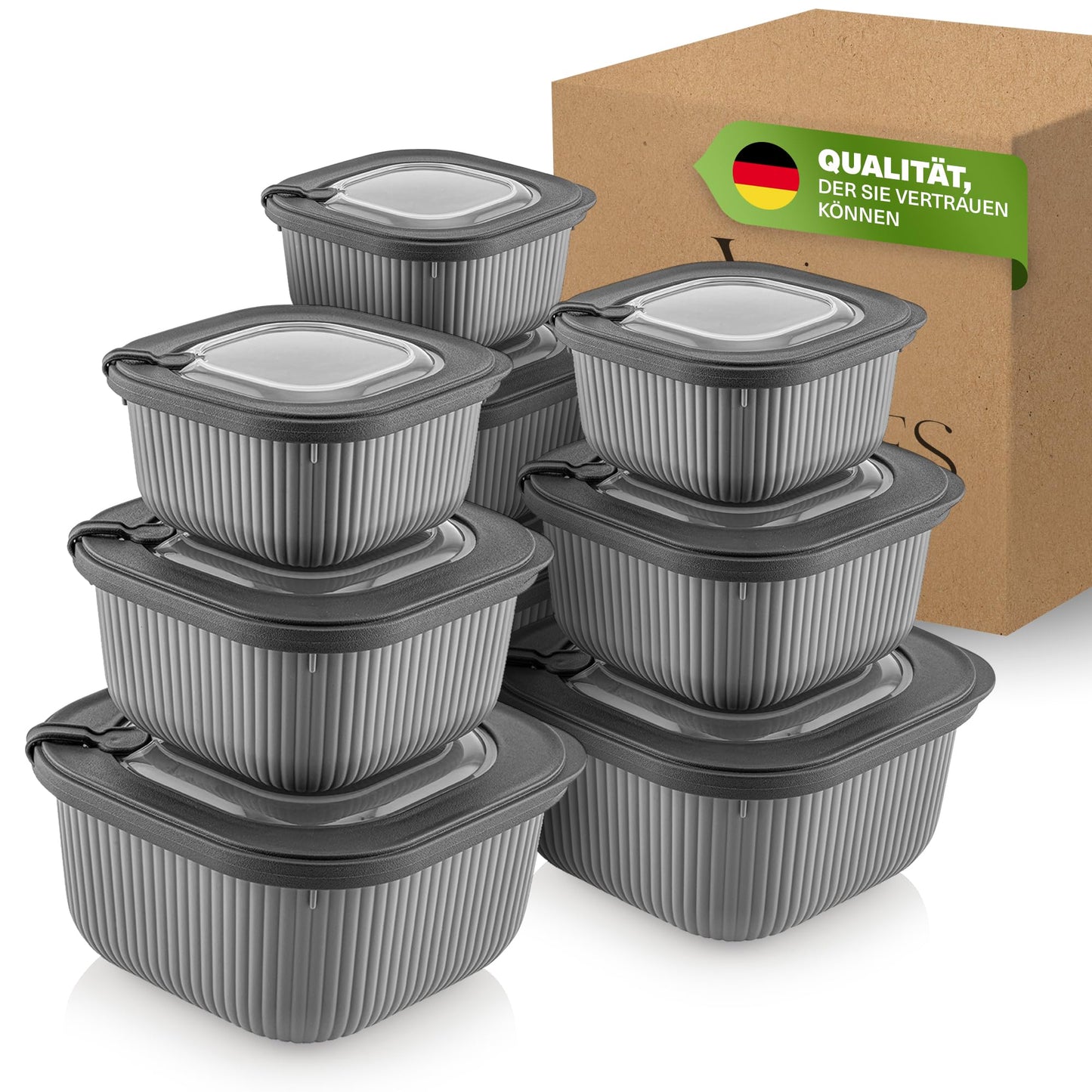 9-teiliges Frischhaltedosen-Set mit Ventildeckel, Grau 9er Set Quadratisch