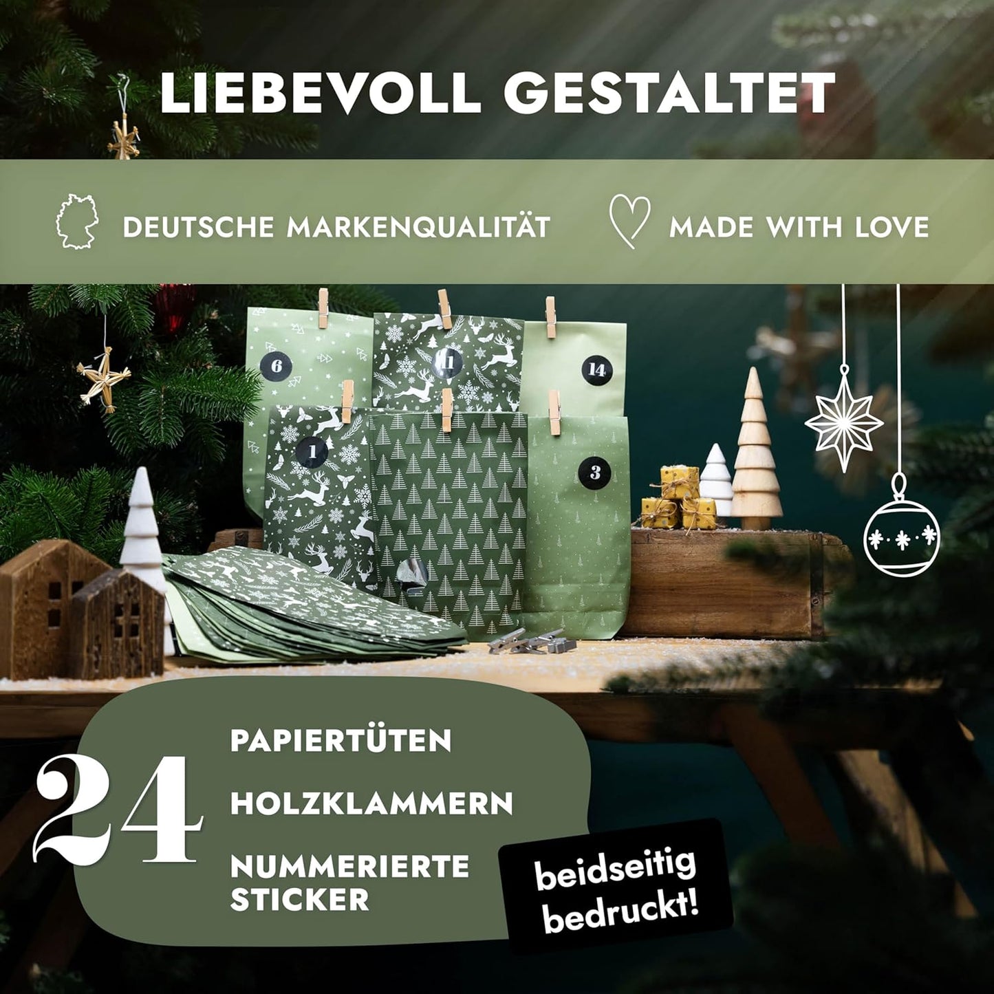 Adventskalender zum Befüllen - 24 Papiertüten-Set, Midnight Green