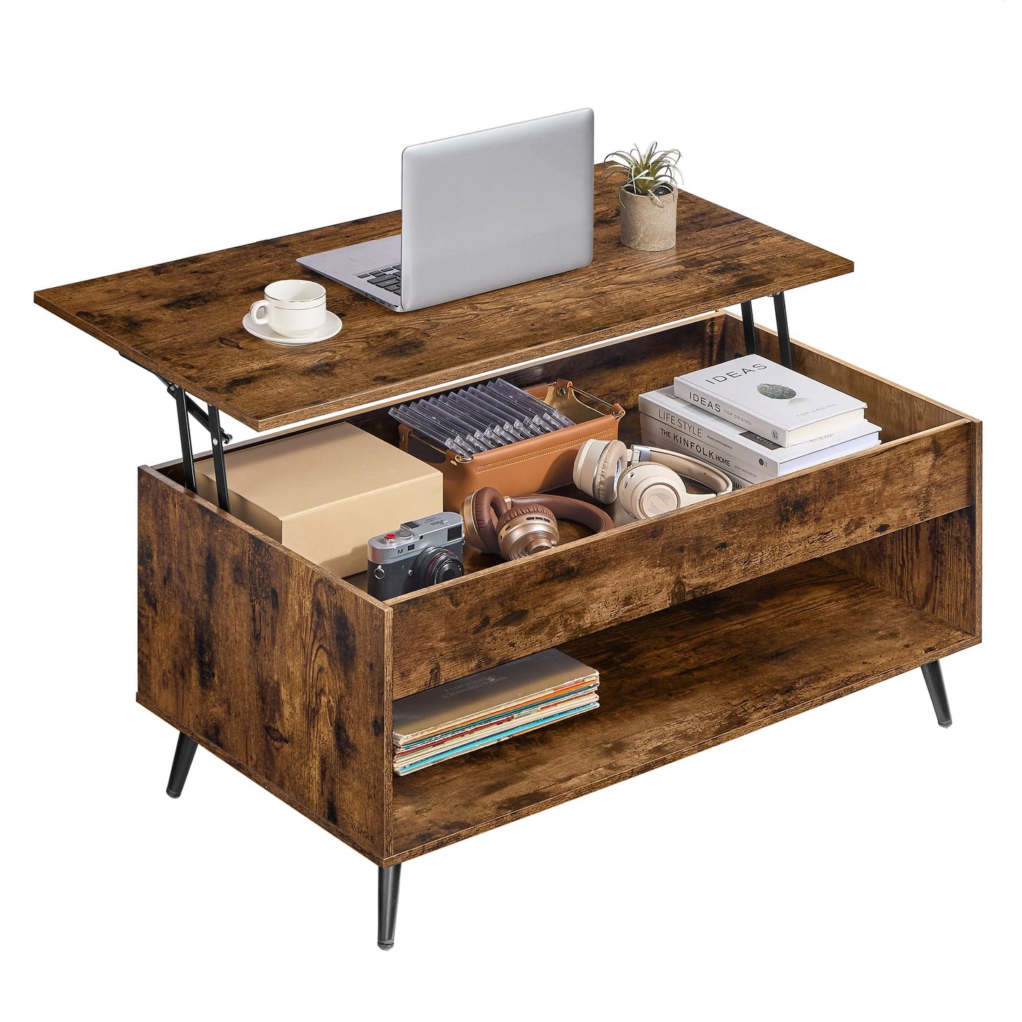 Höhenverstellbarer Couchtisch mit Stauraum, Vintagebraun + Mattschwarz Ohne Schubladen