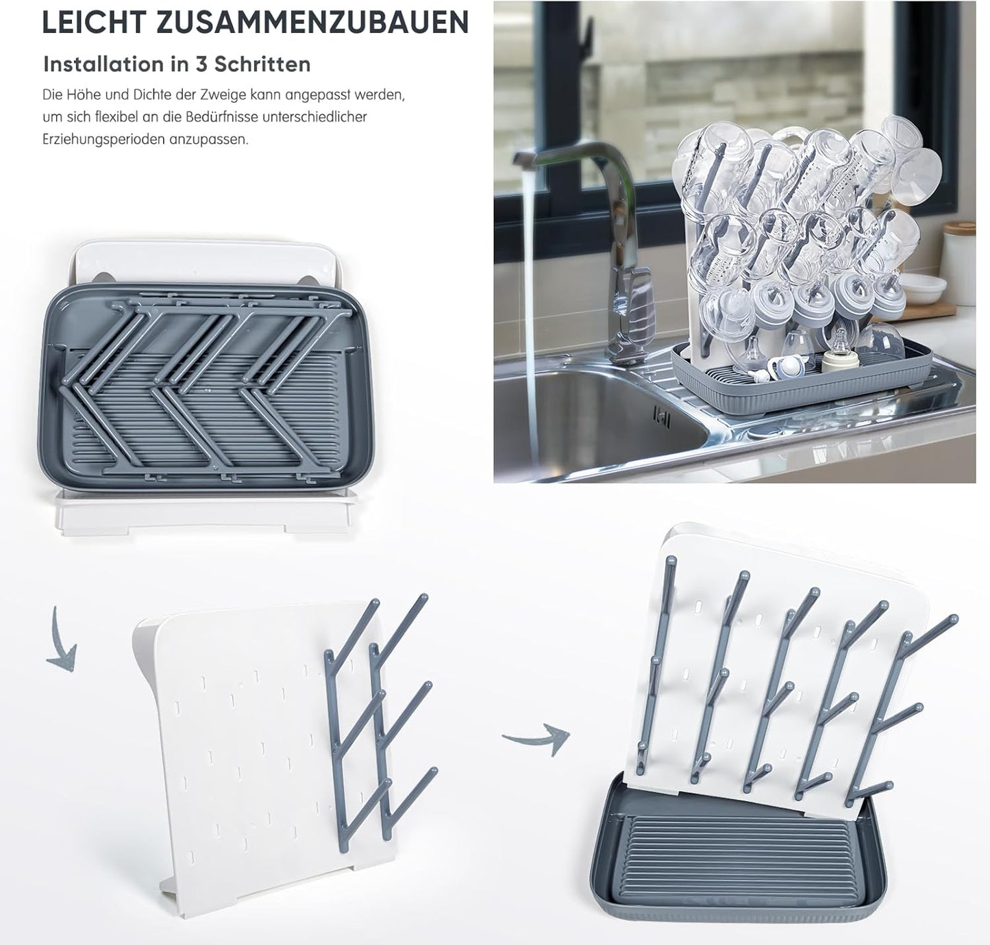 Trockenständer für Babyflaschen und Pumpenteile, Grau