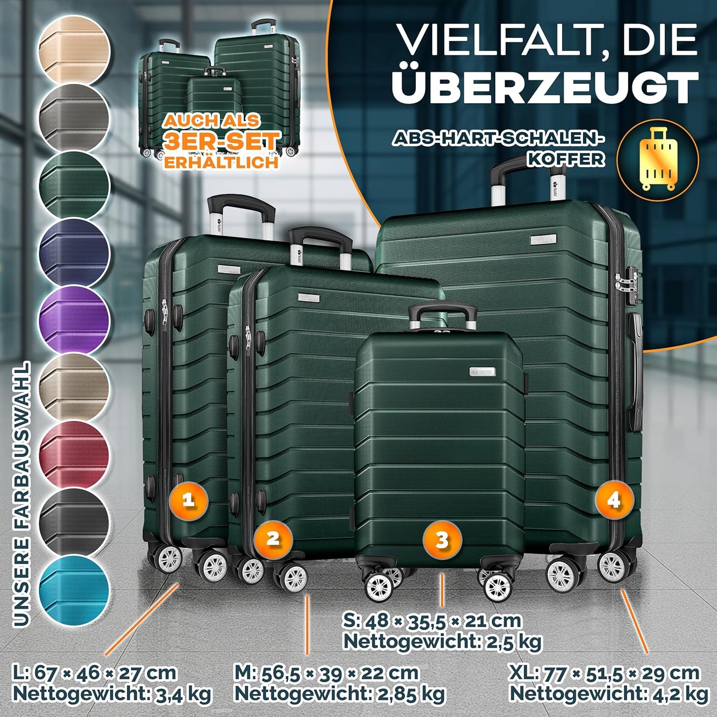 4-teiliges Reisekoffer-Set mit Kofferzubehör, Armeegrün Kofferset 4tlg