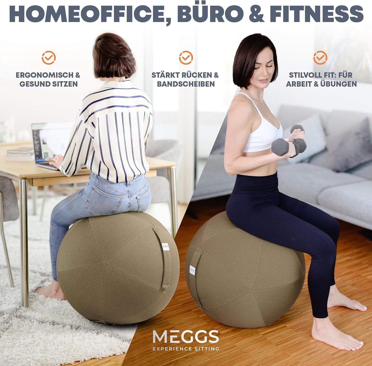 Ergonomischer Sitzball mit Stoffbezug, Cappuccino-braun 65 cm
