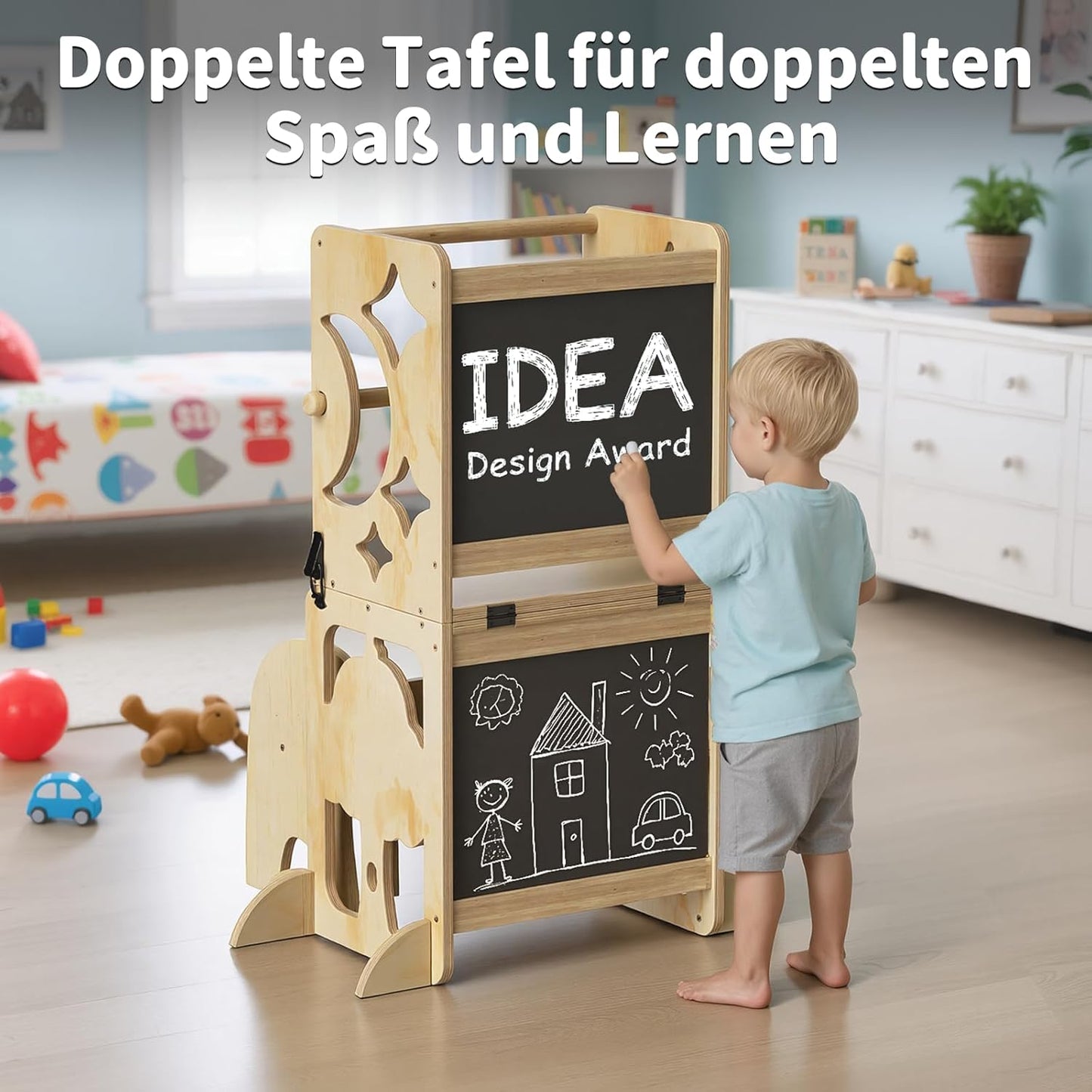 Klappbarer Lernturm mit Doppeltafel & Schreibtisch, Natur