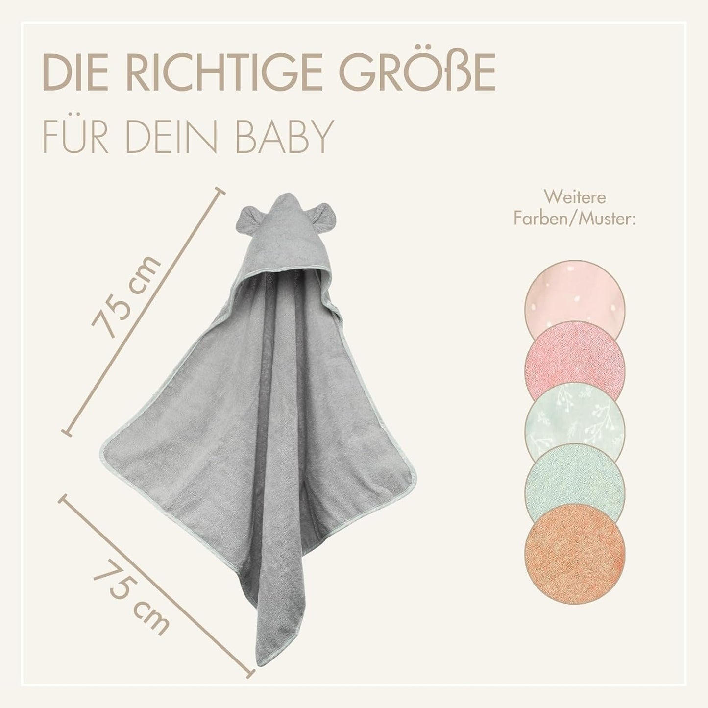Kapuzenhandtuch für Babys und Kleinkinder aus Frottee, Grau Kapuze mit Ohren