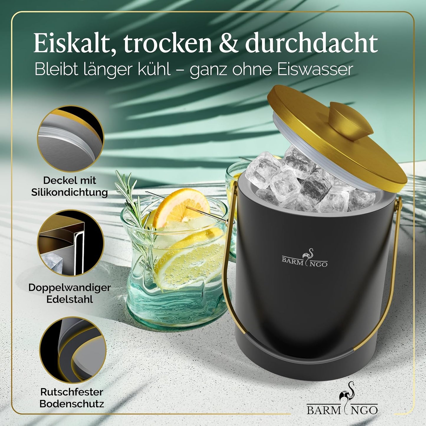 Eiswürfelbehälter mit Deckel und Zange, Schwarz-Gold