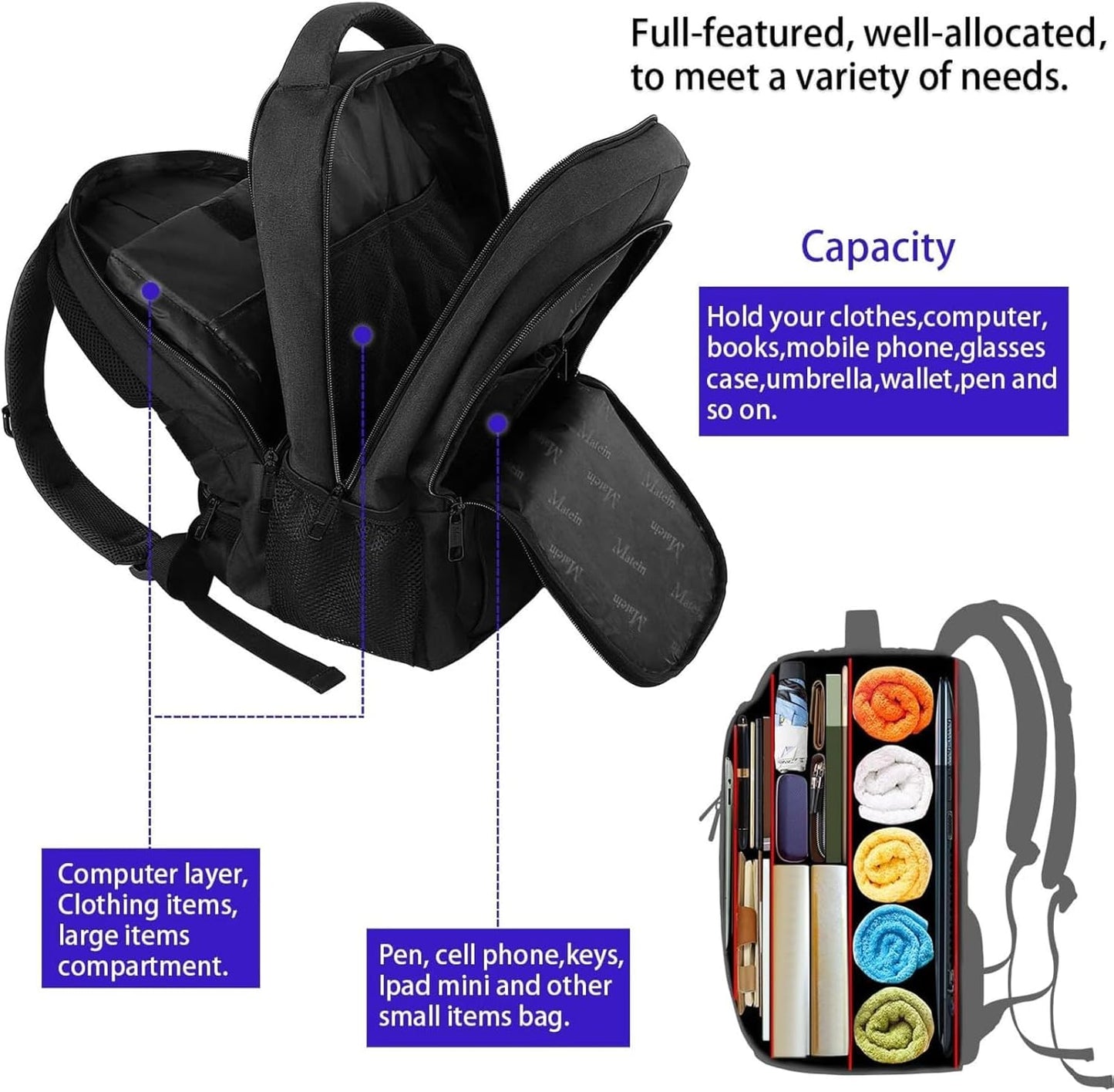 Grosser Laptop-Reise-Rucksack, 18.4 inches Schwarz