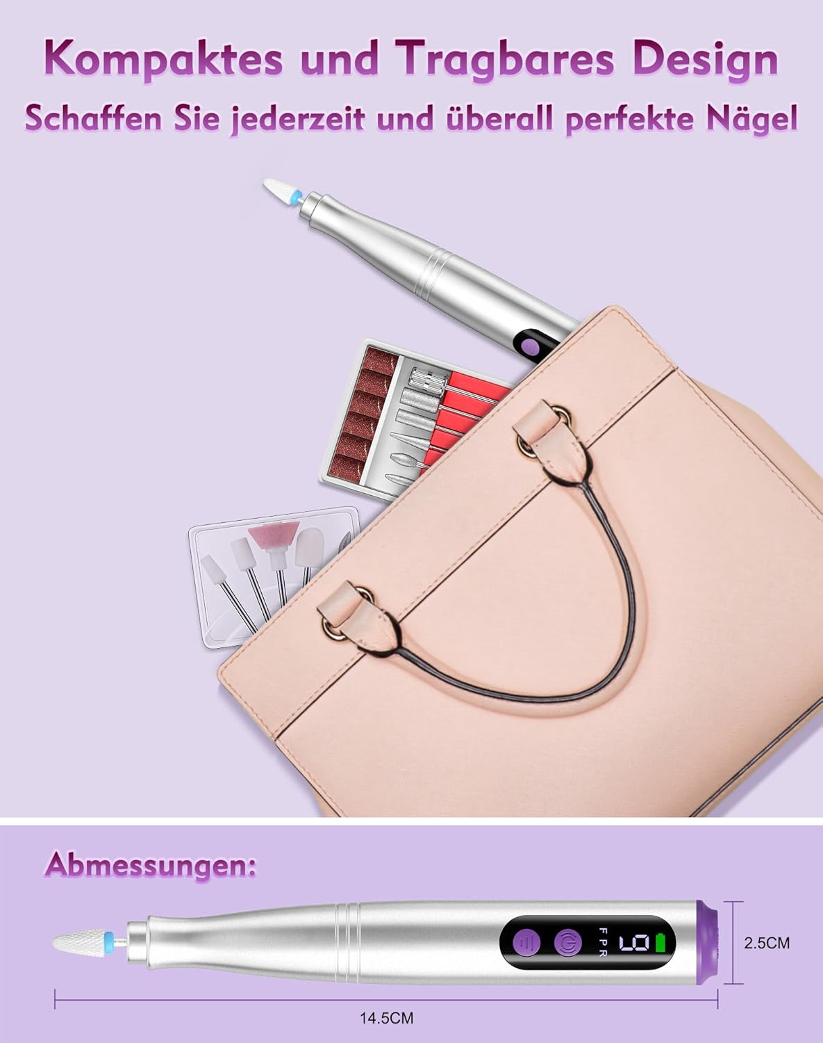 Elektrischer Nagelfräser mit LCD & USB-C, 9 Geschwindigkeiten, Silber
