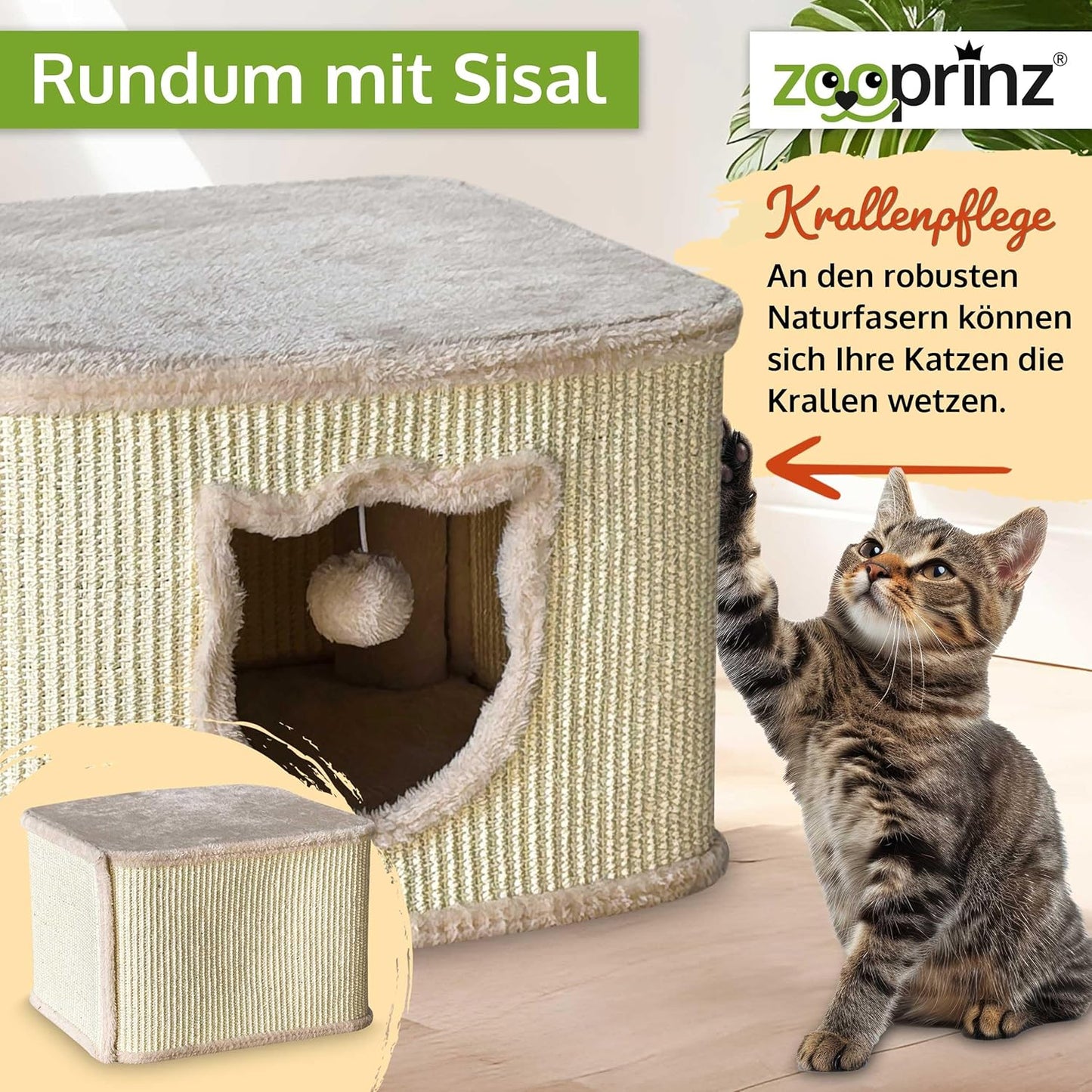 Katzenhaus mit Sisalwänden und Plüsch, Beige