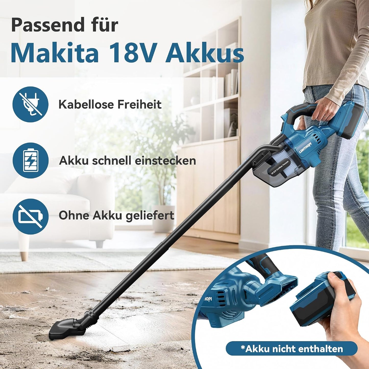 5in1 Akkustaubsauger für Teppich und Hartboden, Makita kompatibel, Blau