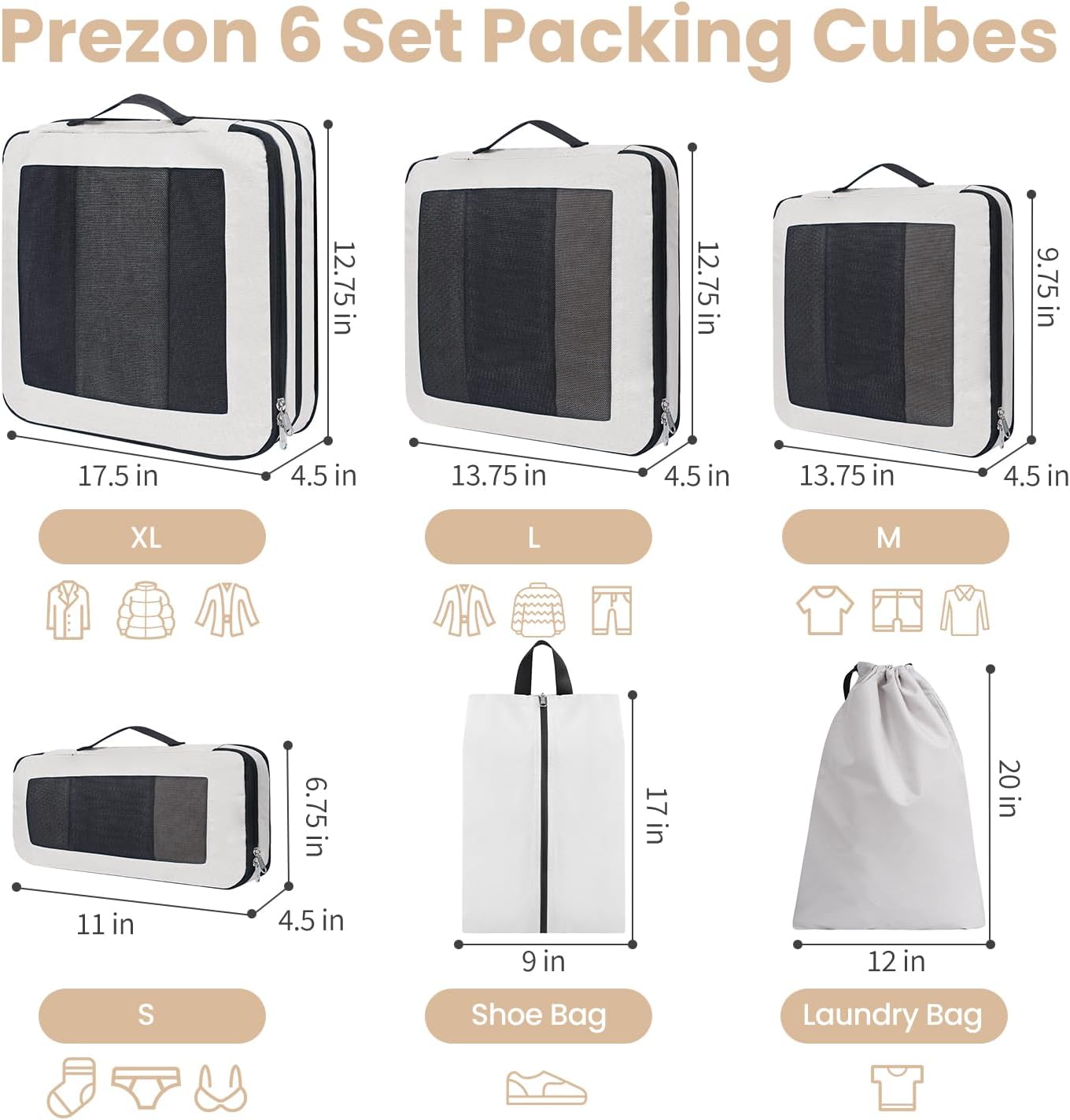 6-teiliges Kompressions-Packwürfel-Set, Creme 6 Set