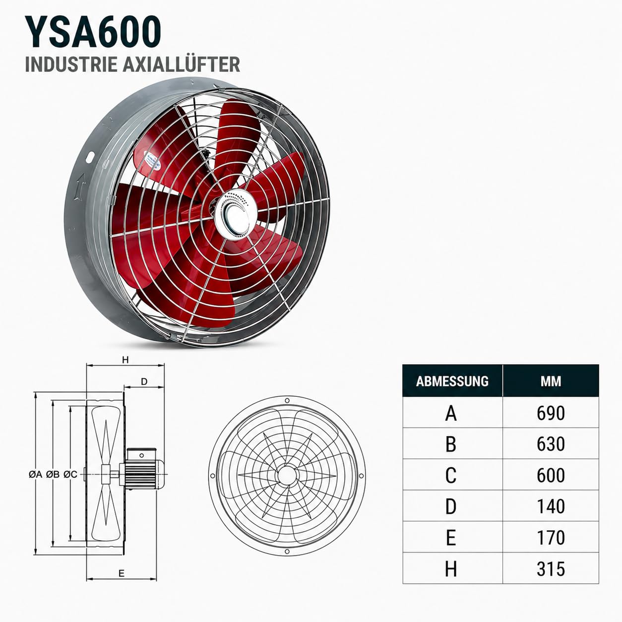 Wandventilator YSA600, YSA600; 8500m³/h