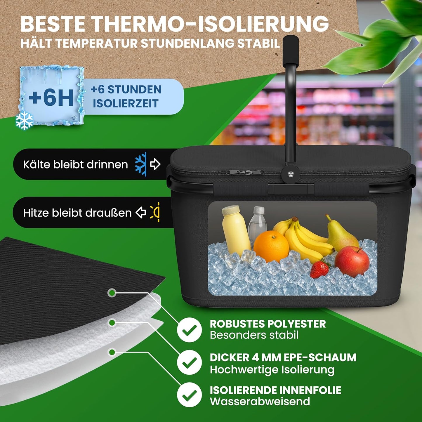 Thermo Einkaufskorb mit Isolierung und Deckel, Schwarz