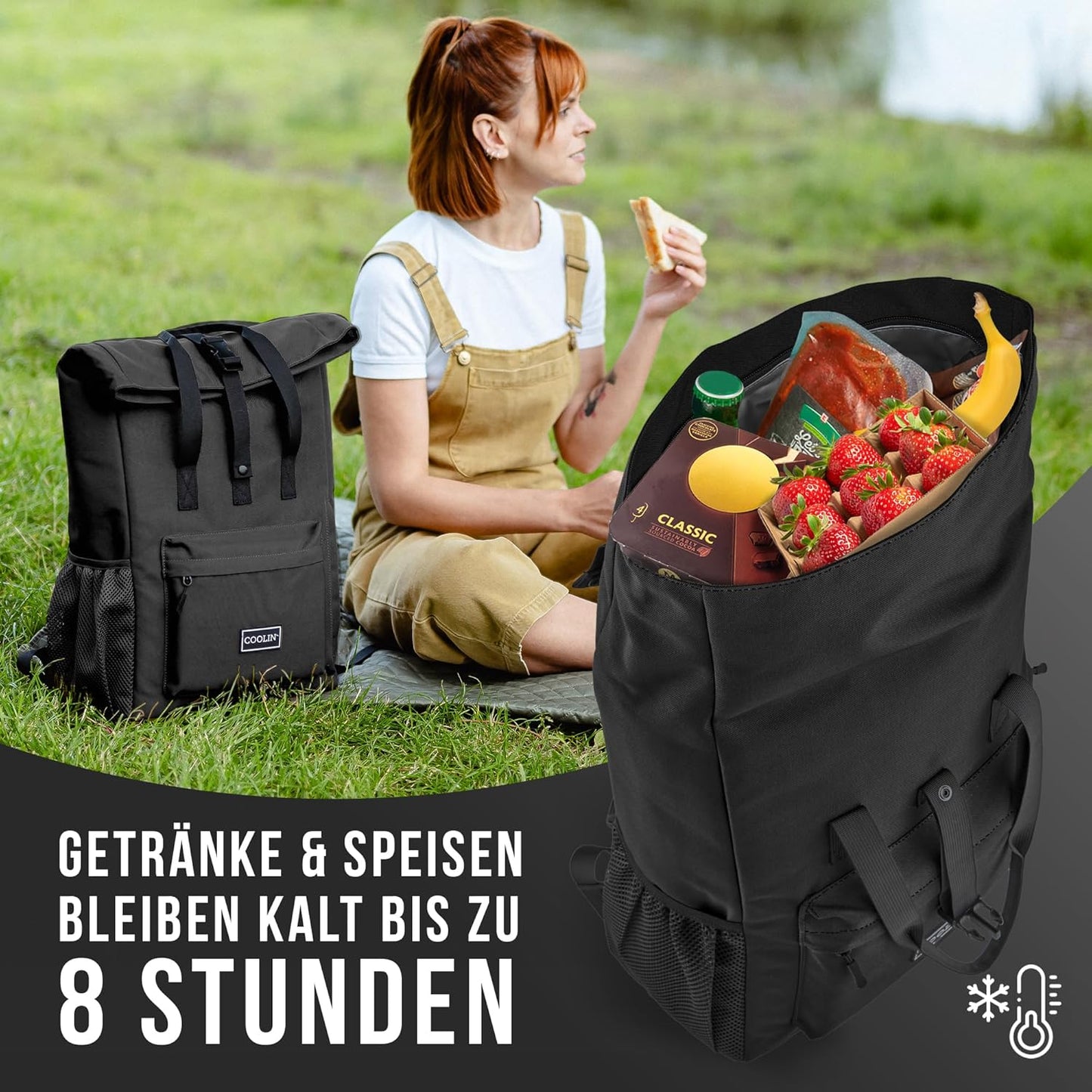 Kühlrucksack mit Thermofach, Schwarz