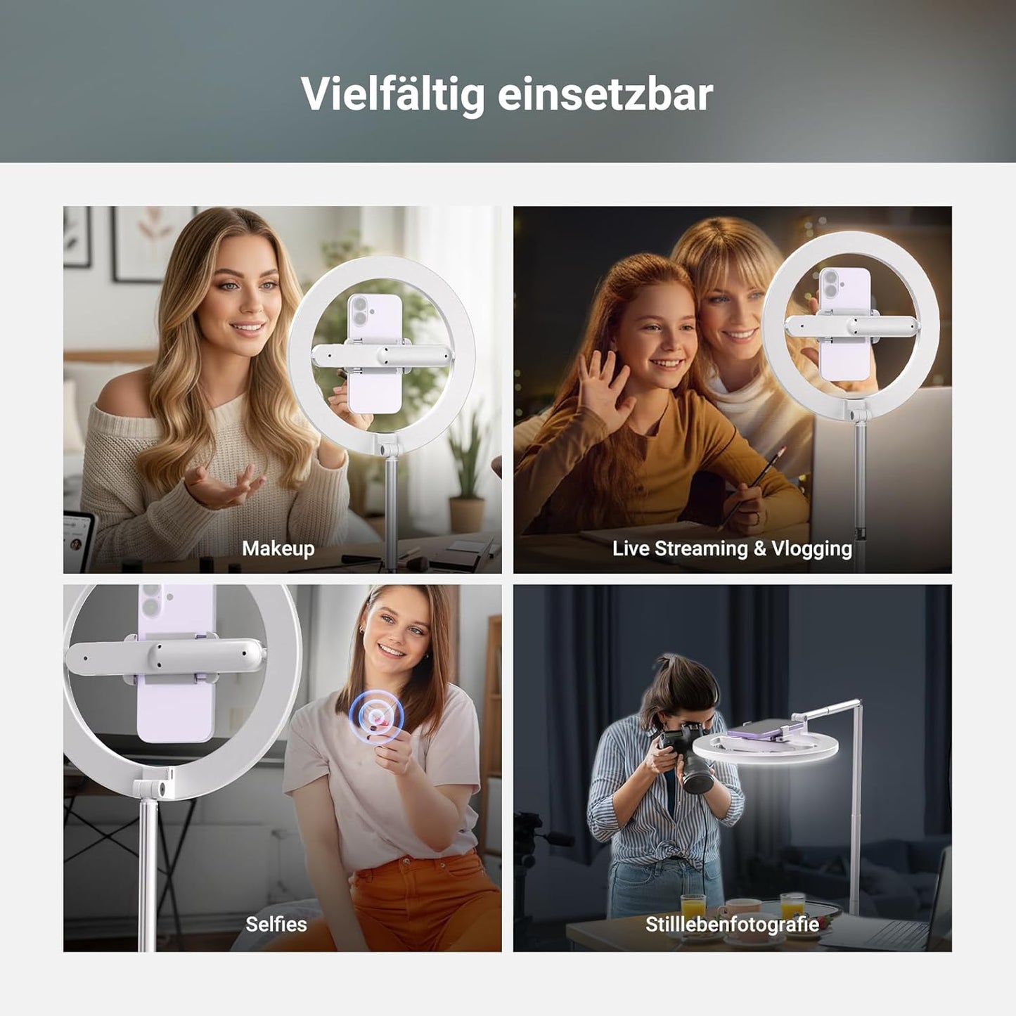 LED-Ringlicht mit Stativ & Handyhalter, Weiss 10" mit Bodenständer