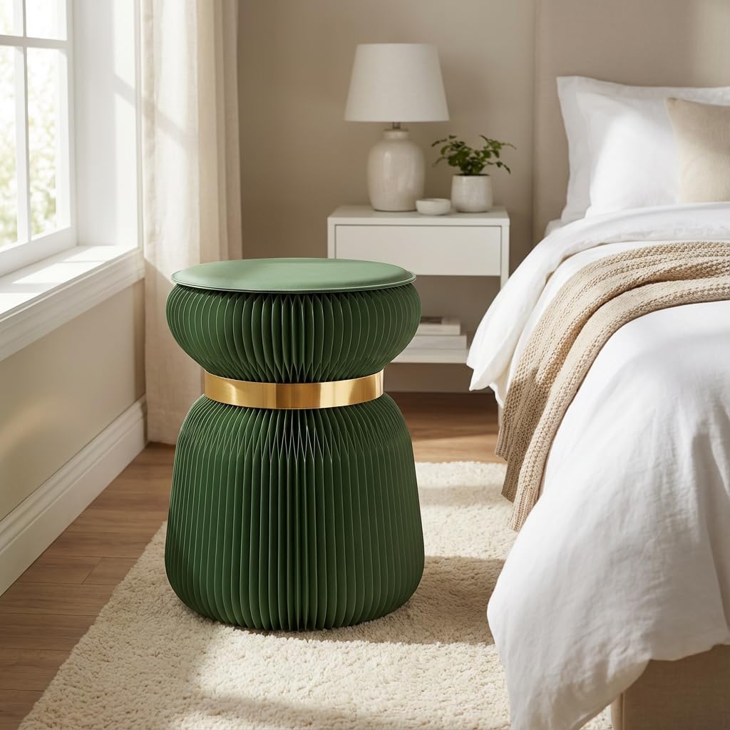 Papierhocker Papli Lux mit 180 Lamellen, Grün mit Goldenem Band