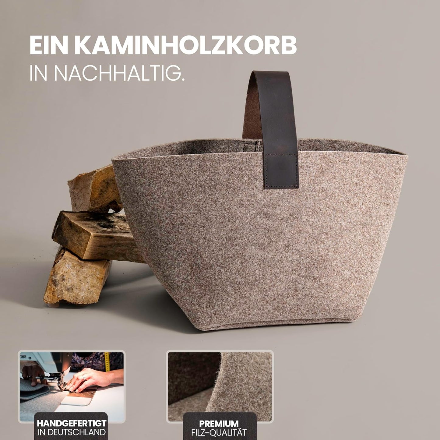 Kaminholzkorb aus Filz, Hellgrau - 40l