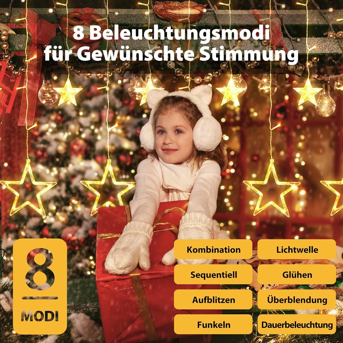 LED Sterne Lichtervorhang 2M, 8 Modi, Wasserdicht, Warmweiss