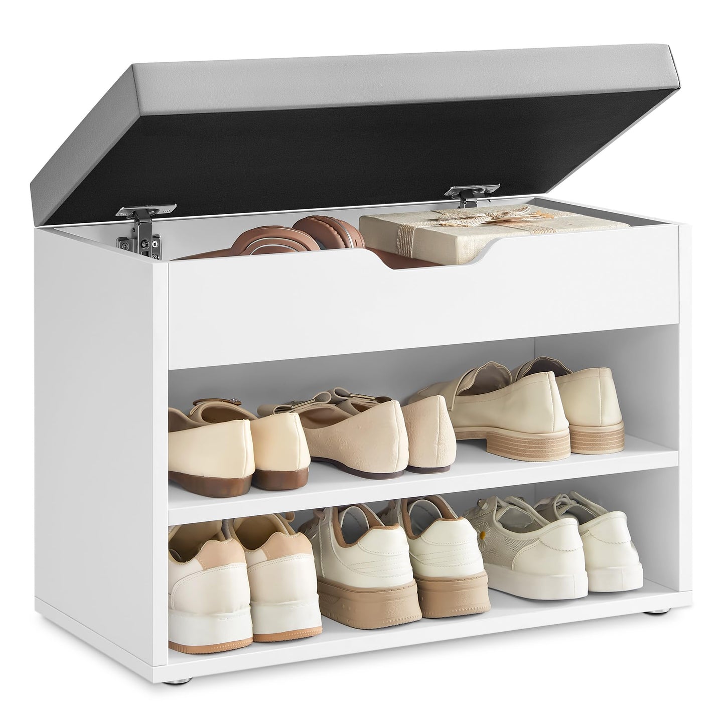 Schuhbank mit gepolstertem Kissen und Schuhregal, 60B cm Wolkenweiss