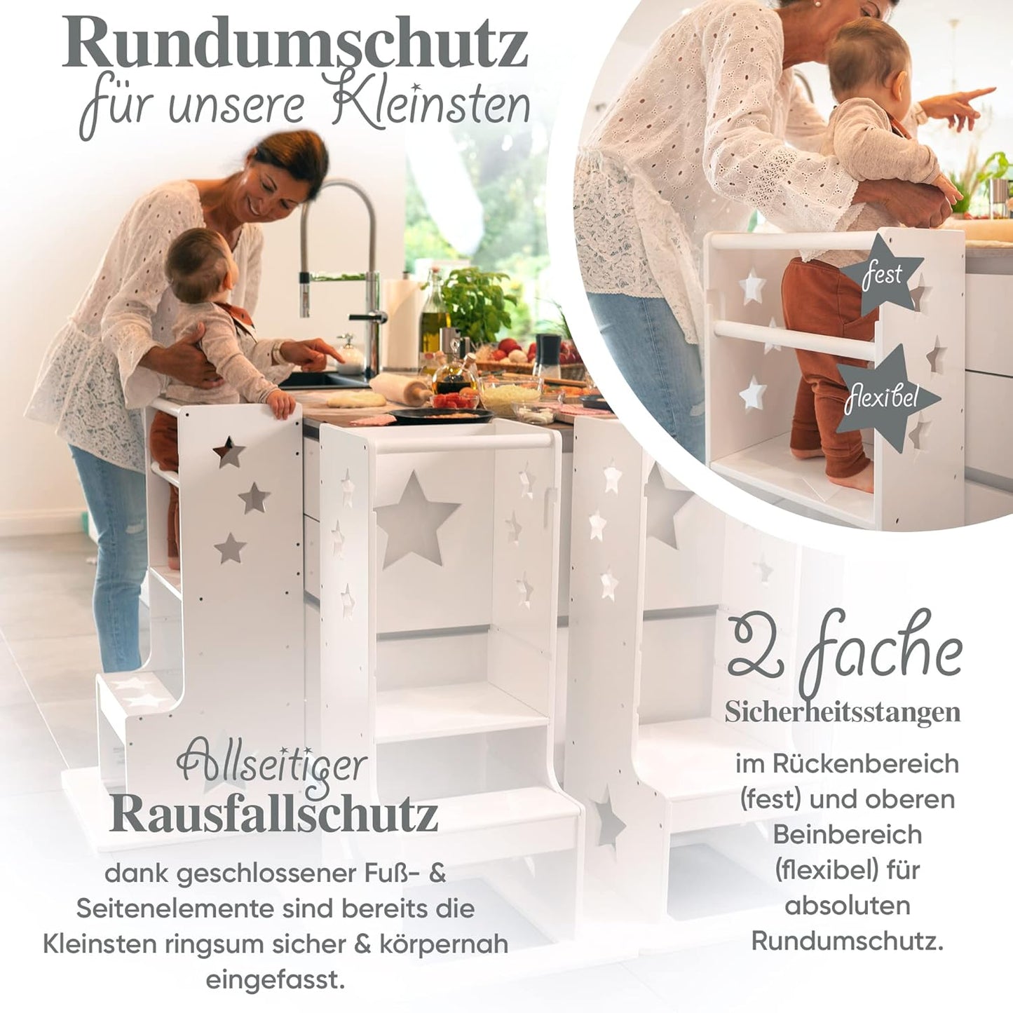 Höhenverstellbarer Lernturm, Eckig Holz/Weiß