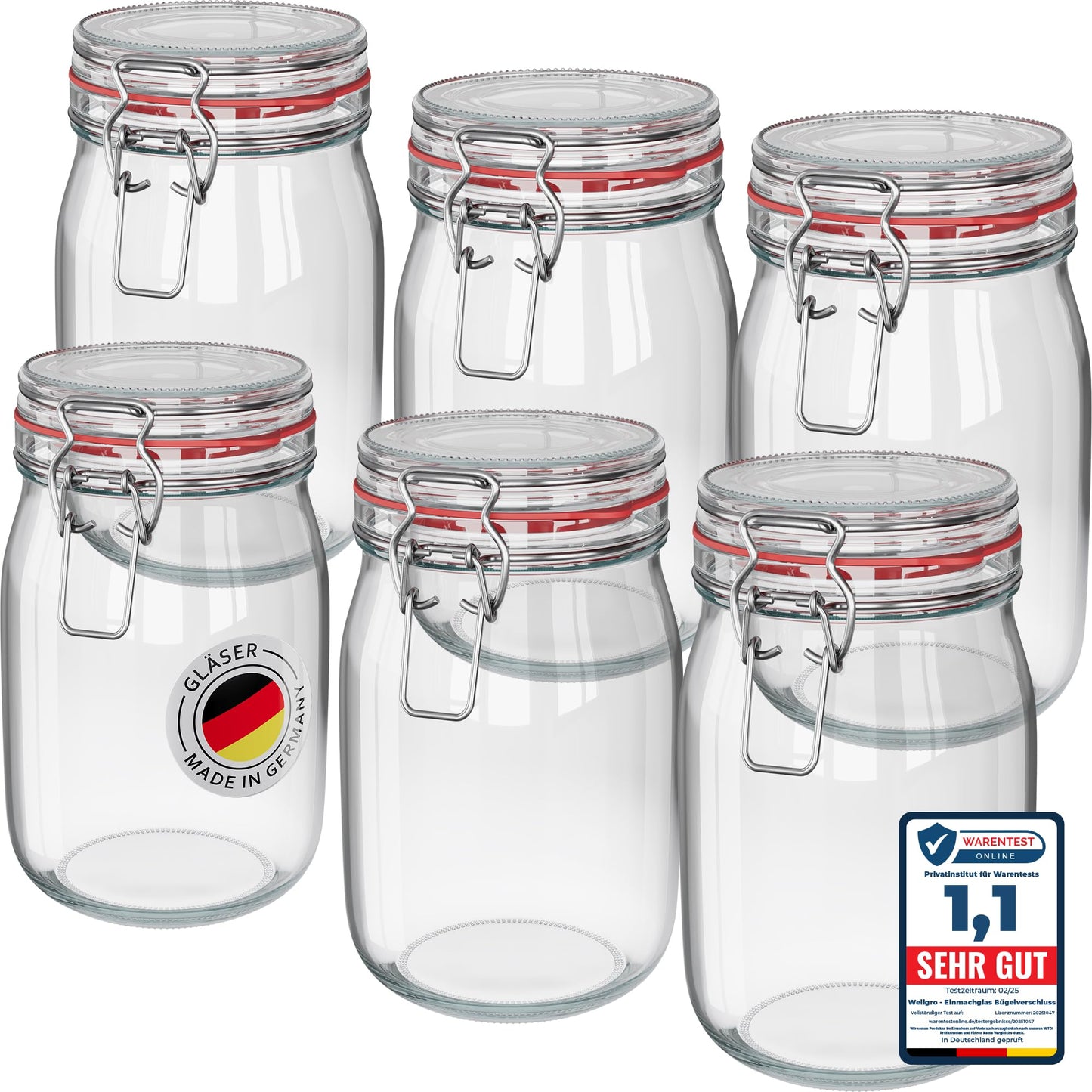 Einmachgläser mit Bügelverschluss, 1140ml x 6 Stück