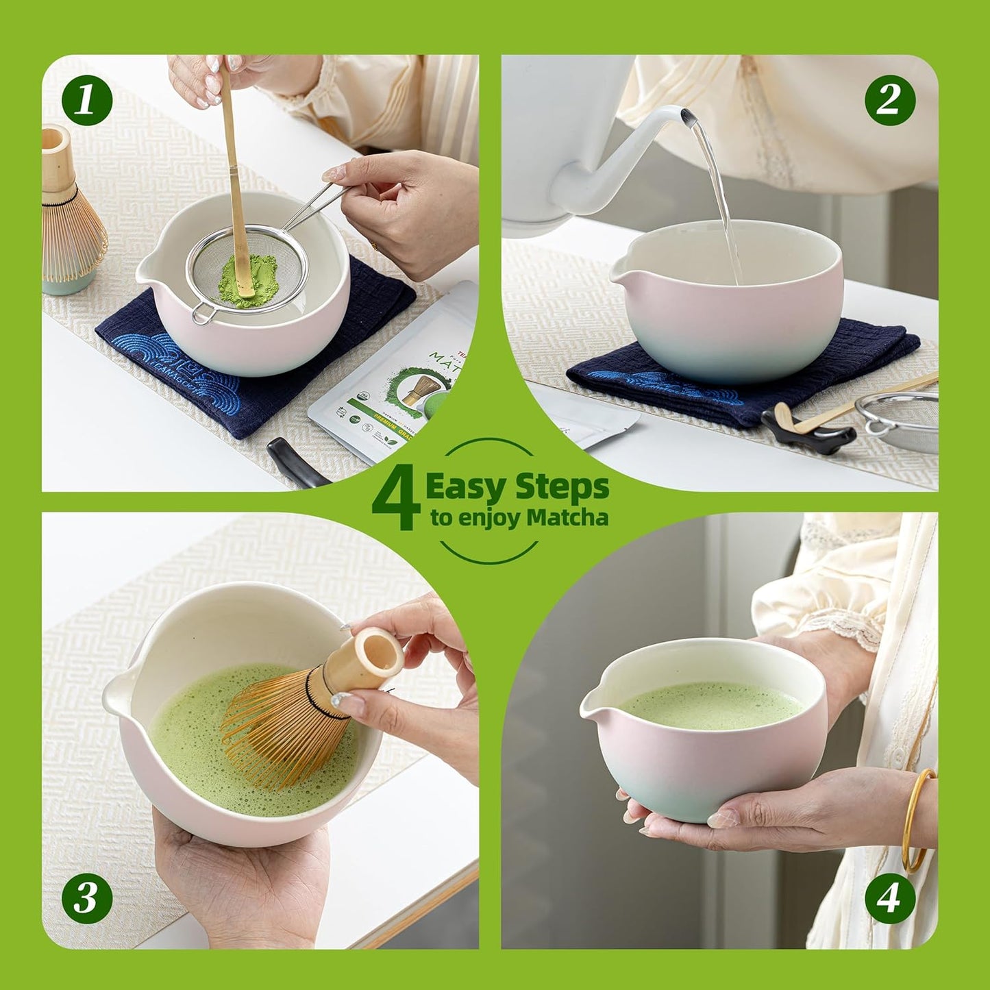 9-teiliges Matcha Tee-Set mit Zubehör, 9Stück/Set, Schüssel-Set + 2 Tassen Grün Grident Pink-