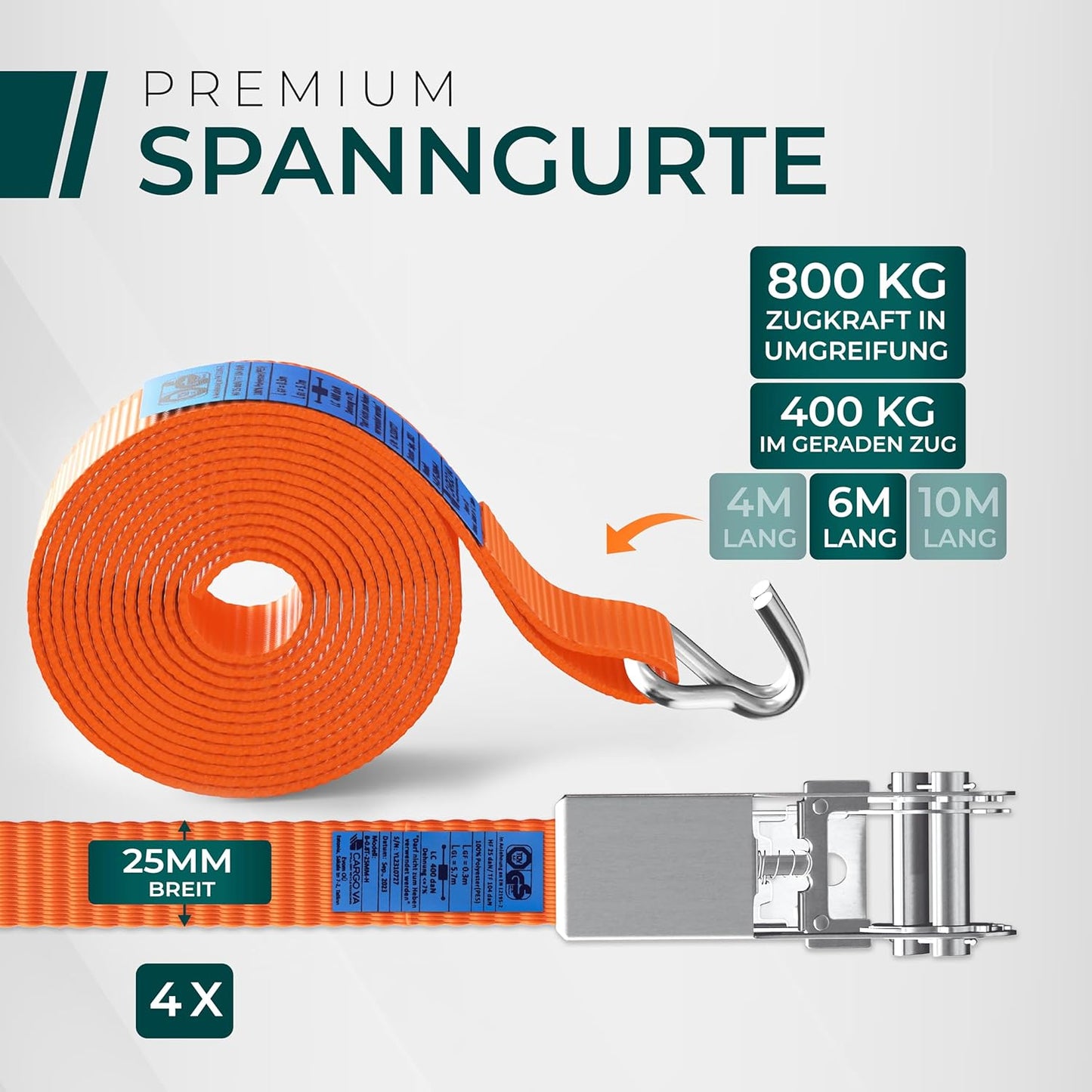 800kg Spanngurte mit Ratsche (4er Set), Mit Haken 6M