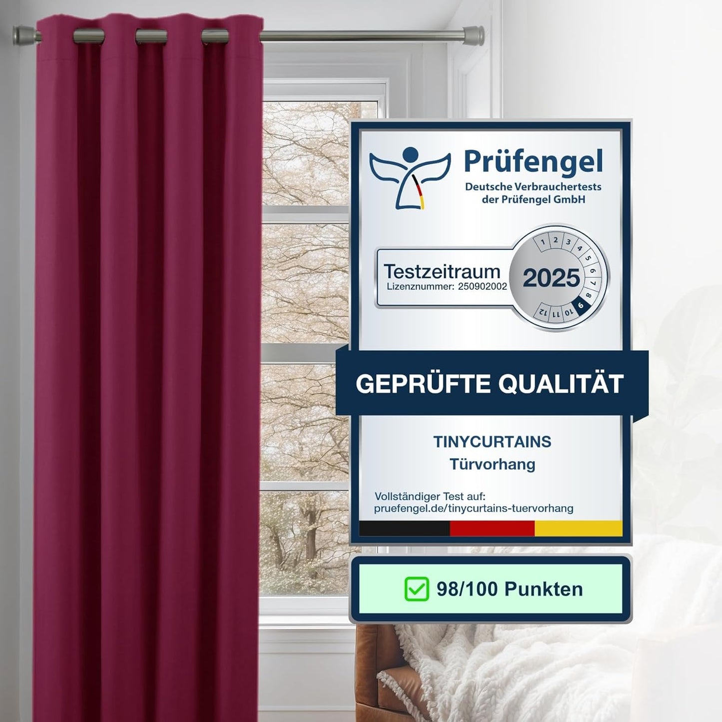 Thermo-Türvorhang mit Stange & Magneten, H200 x B150 cm (1er Pack) Türvorhang Berry + Stange Silber 55-90 Cm