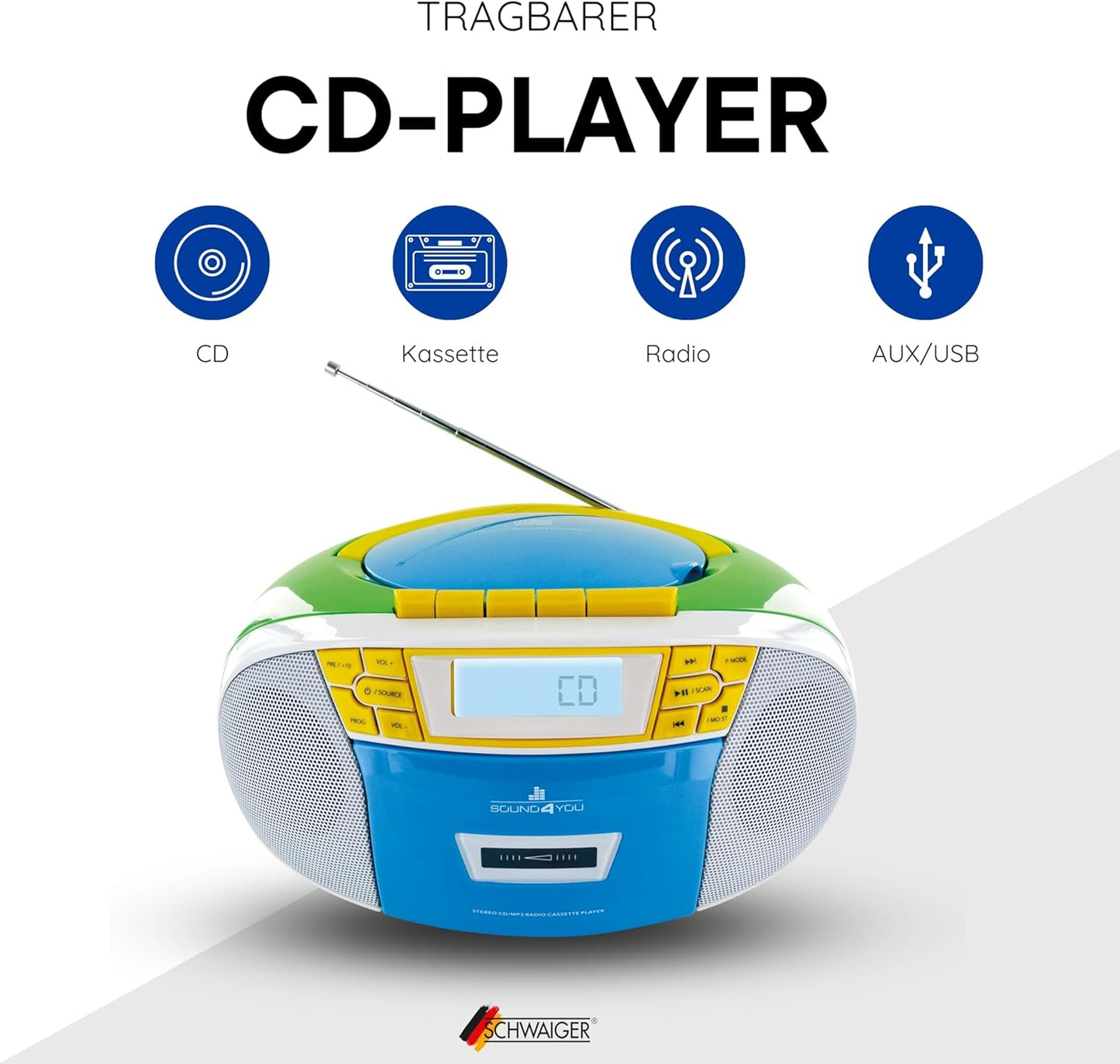Tragbarer CD-Player mit Kassette & Radio, USB/AUX/MP3, Bunt