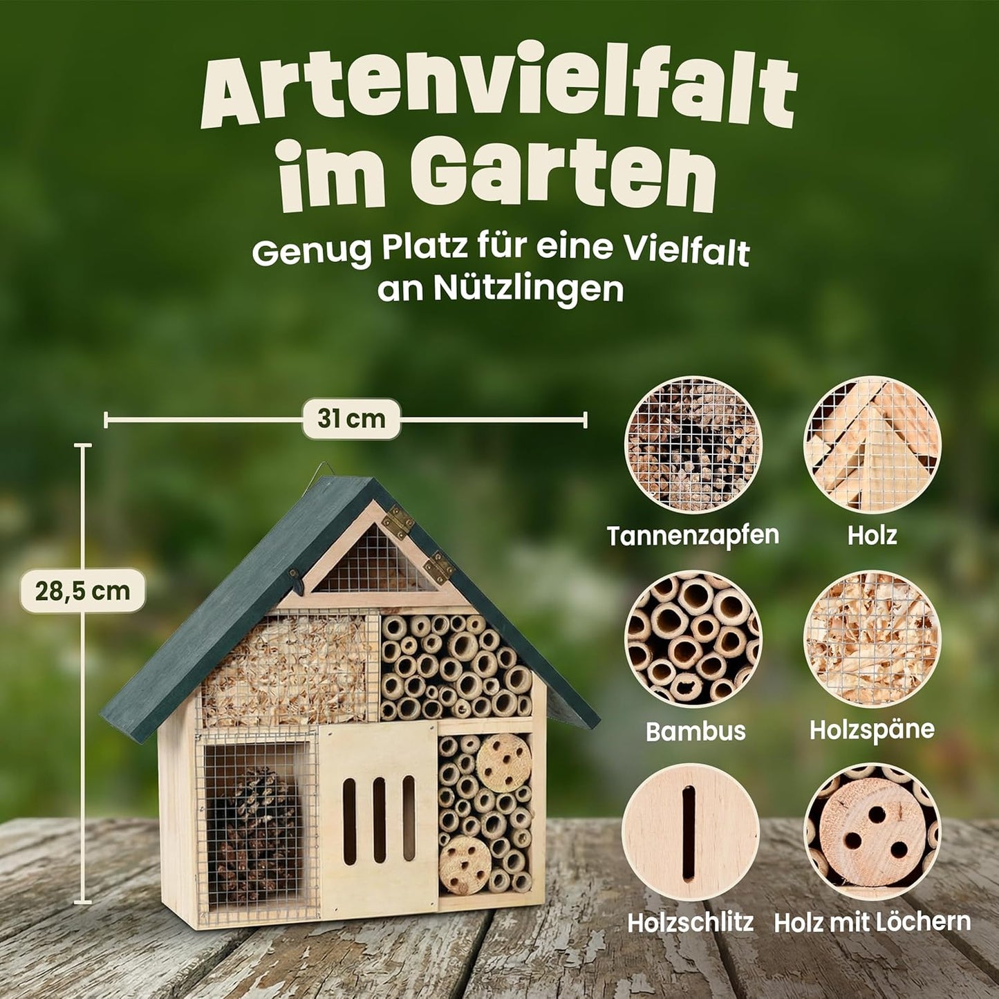 Insektenhotel XXL mit Bambus-Röhrchen (28,5 cm), Kompaktes Insektenhotel – Grünes Dach (28,5 cm)