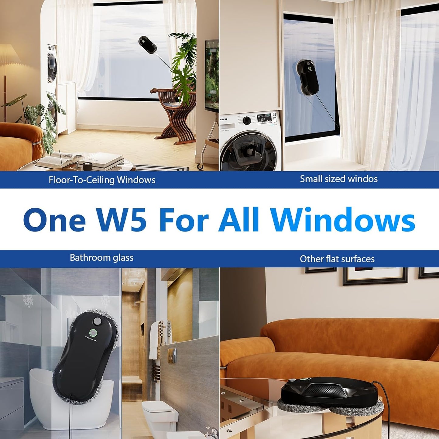 Fensterputzroboter W5 mit bidirektionalem Ultraschall-Wasserstrahl, Schwarz