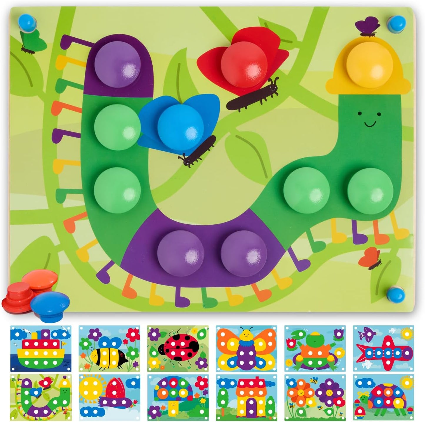 Hölzernes Pegging-Spiel für Kleinkinder Bunte Knöpfe Passende Karten
