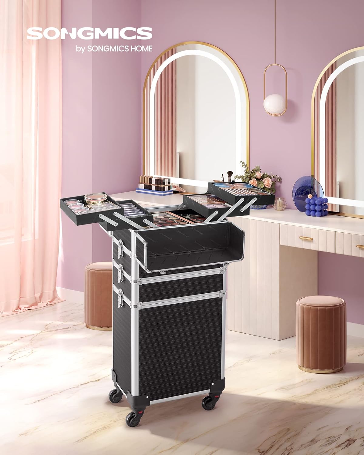 4-in-1 Kosmetikkoffer mit Rollen, Schwarz 4 in 1 (34 x 24 x 79,3 cm)